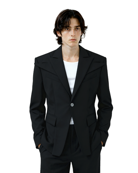 Structured Blazer with Extended Shoulder Lapels and Wide Leg Pants