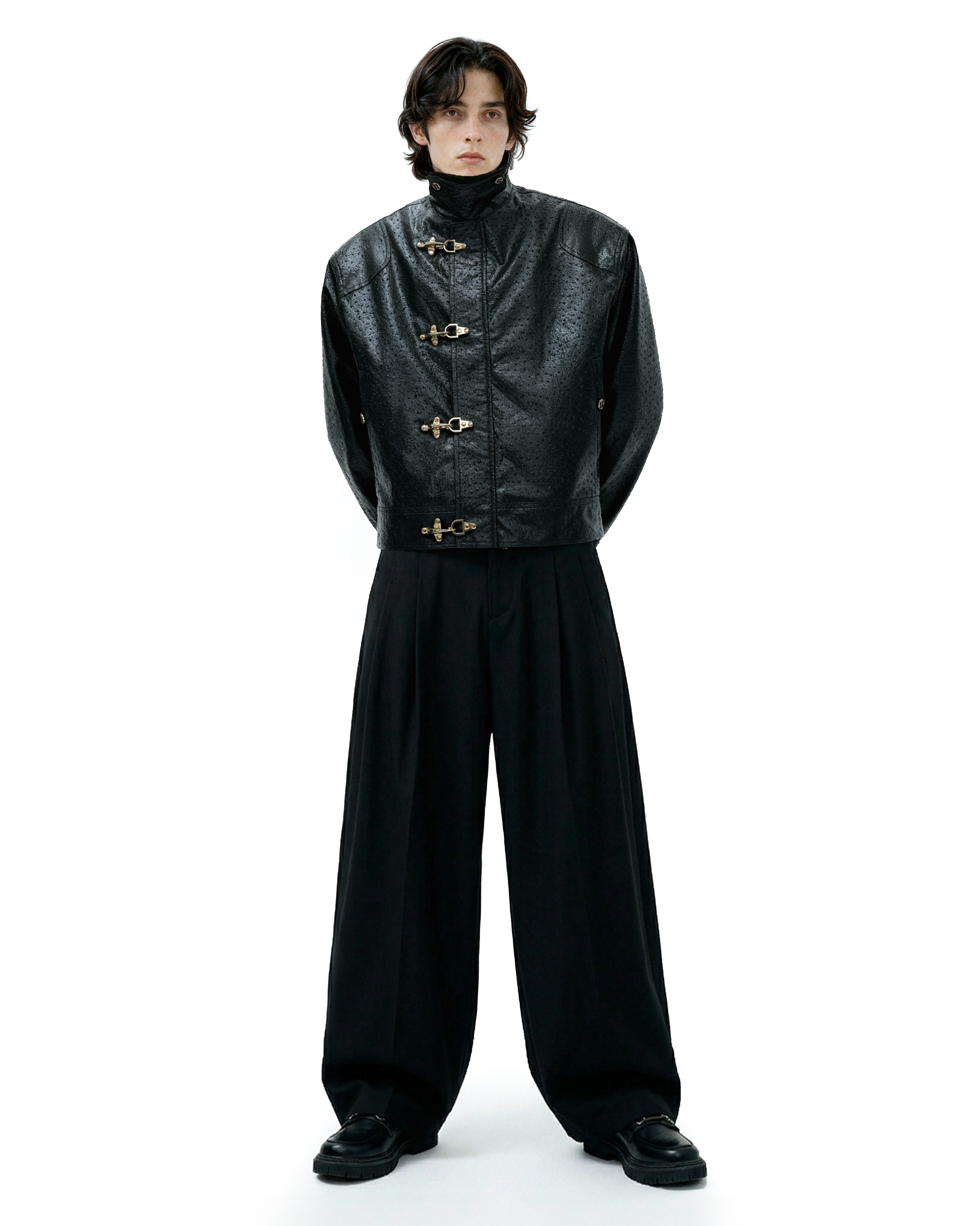 Faux Leather Textured Fireman-Clasp Boxy Jacket - nightcity clothing