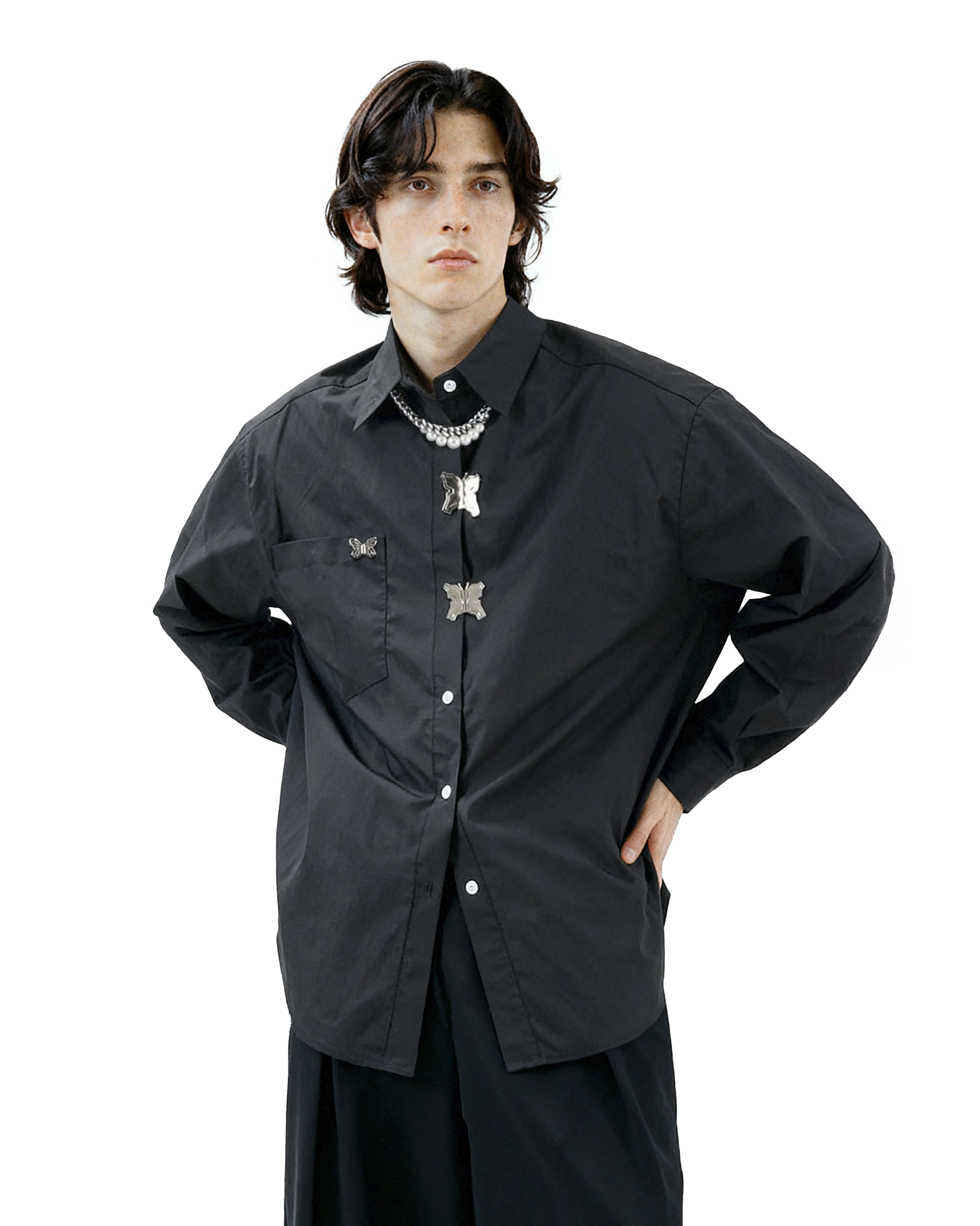 Oversized Shirt with Metallic Brooch Accents - nightcity clothing
