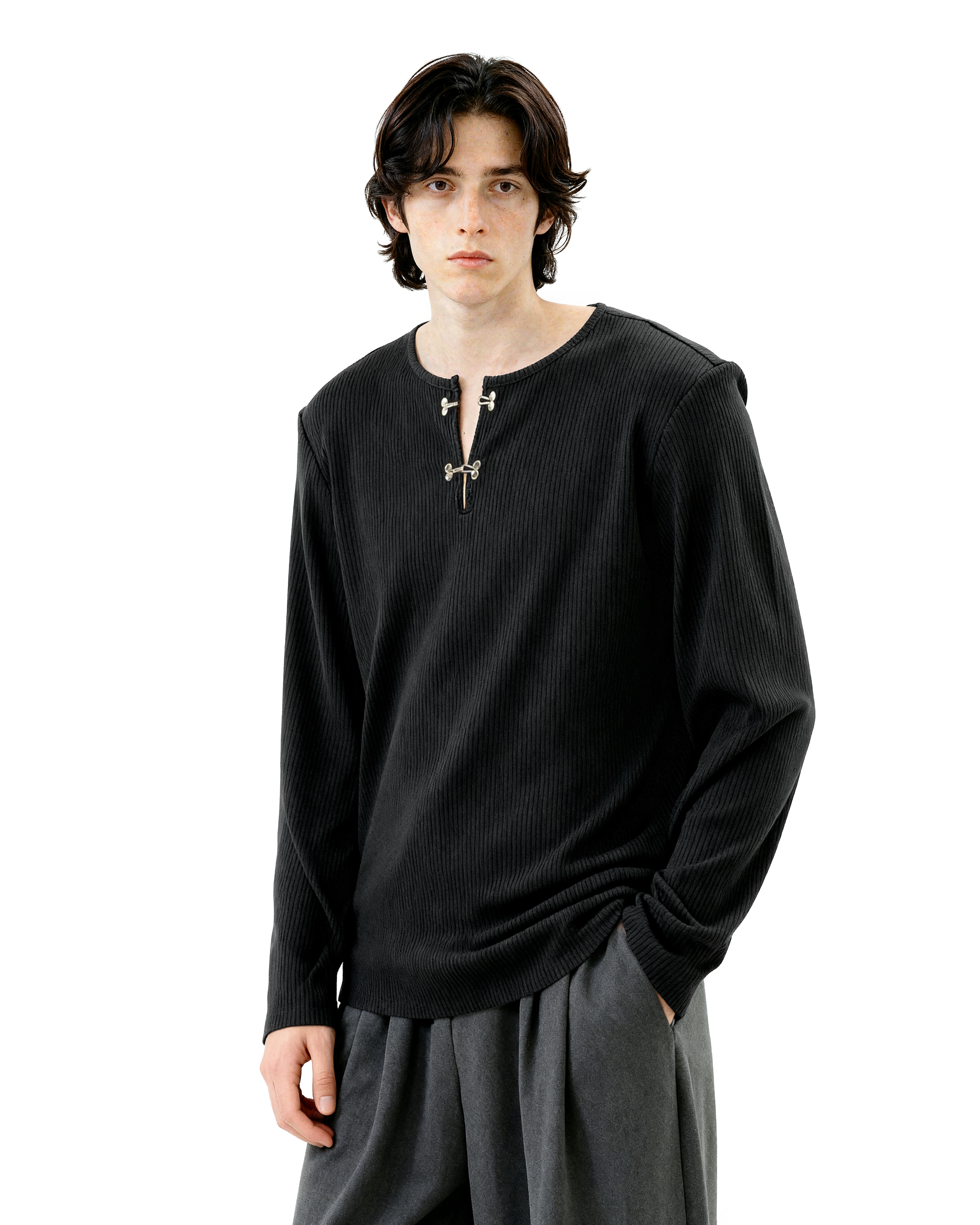 Ribbed Metal-Clasp Hook Henley Long Sleeve Tee - nightcity clothing
