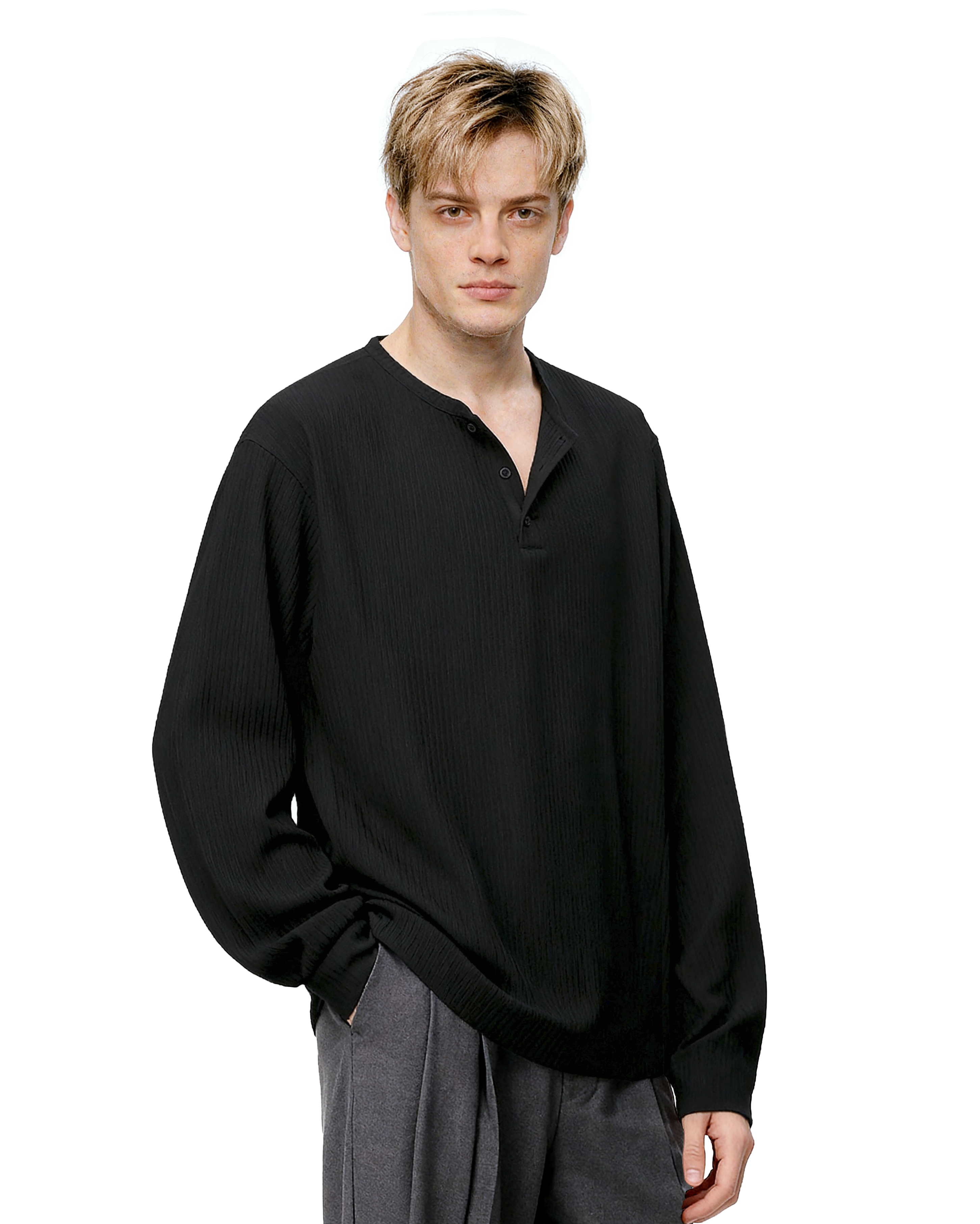 Waffle Pattern Half Button Long Sleeve Shirt-7