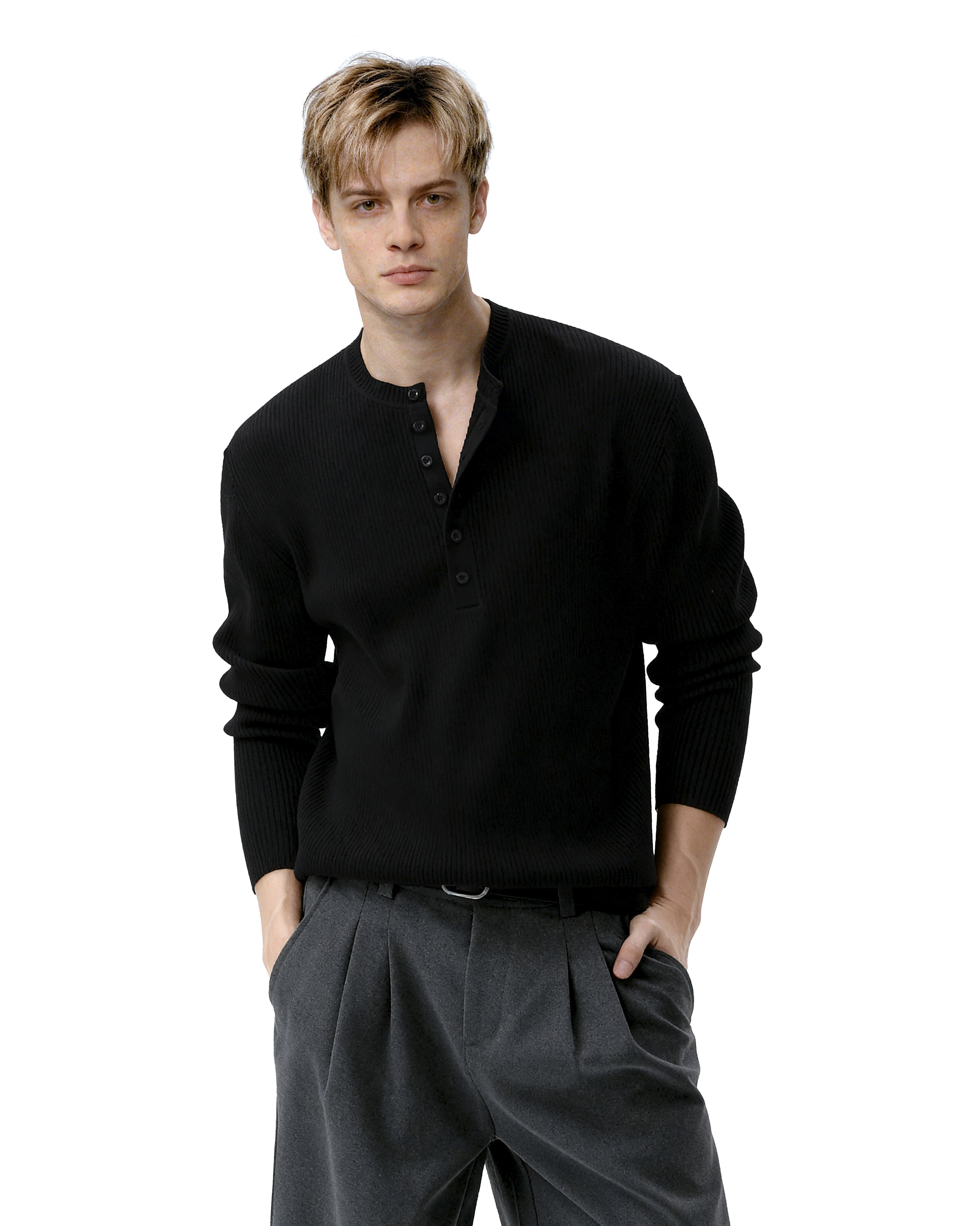 Ribbed Knit Henley Sweatshirt with Button Neckline - nightcity clothing