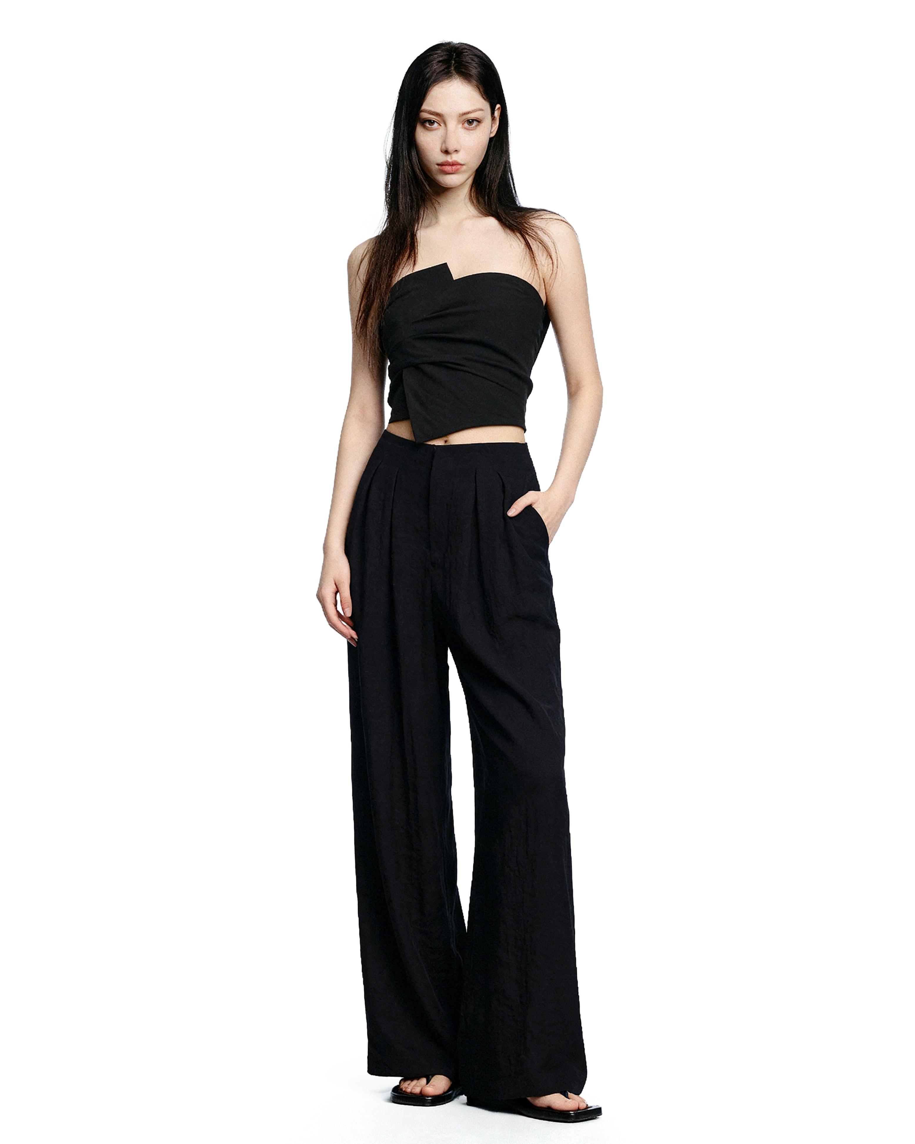Strapless Asymmetric Top and Wide Leg Pleated Pant Two-Piece Set - nightcity clothing