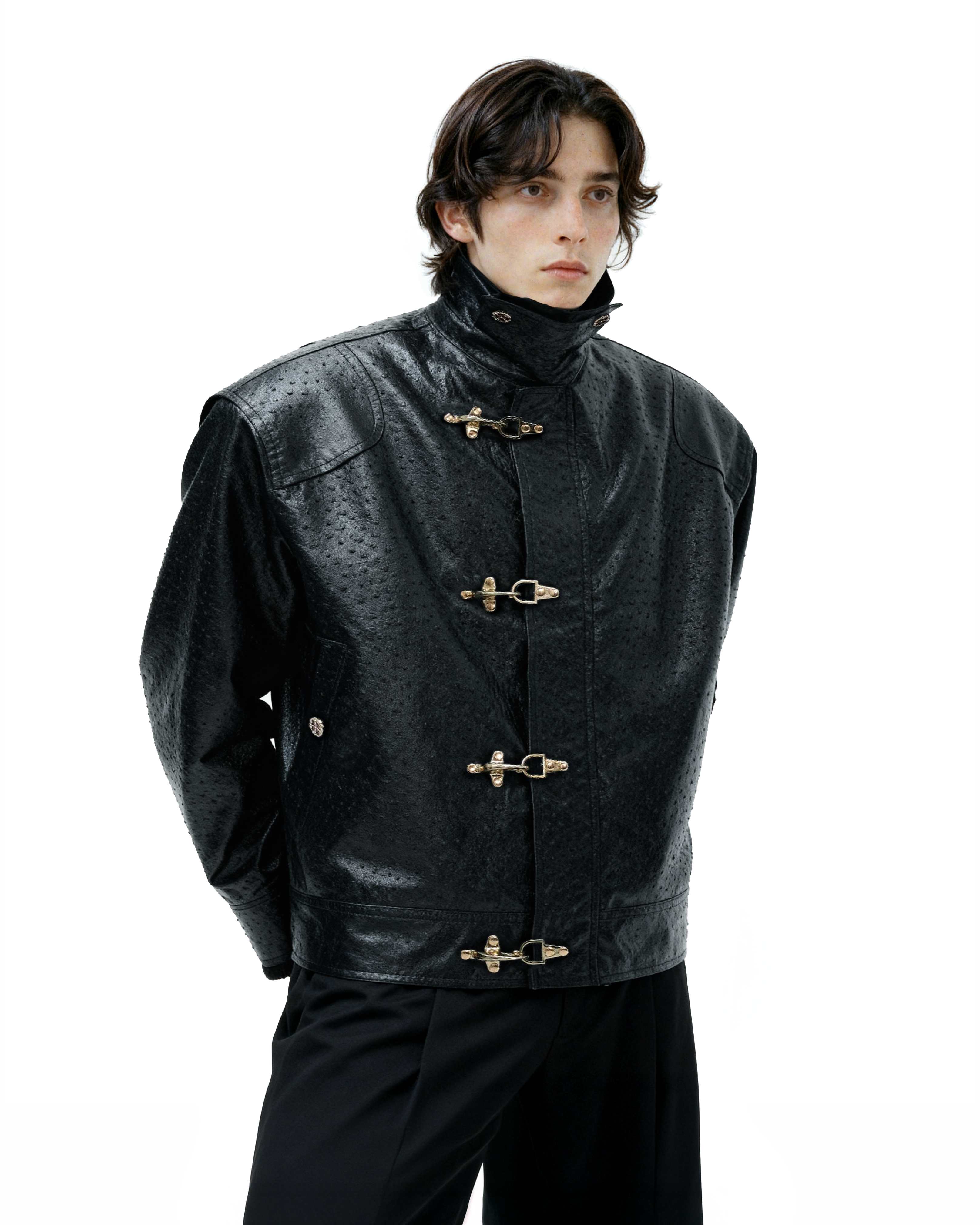 Faux Leather Textured Fireman-Clasp Boxy Jacket - nightcity clothing