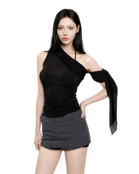 Sheer One Shoulder Ruched Wrap Mesh Top - nightcity clothing