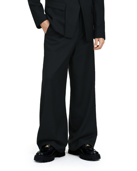 Structured Blazer with Extended Shoulder Lapels and Wide Leg Pants