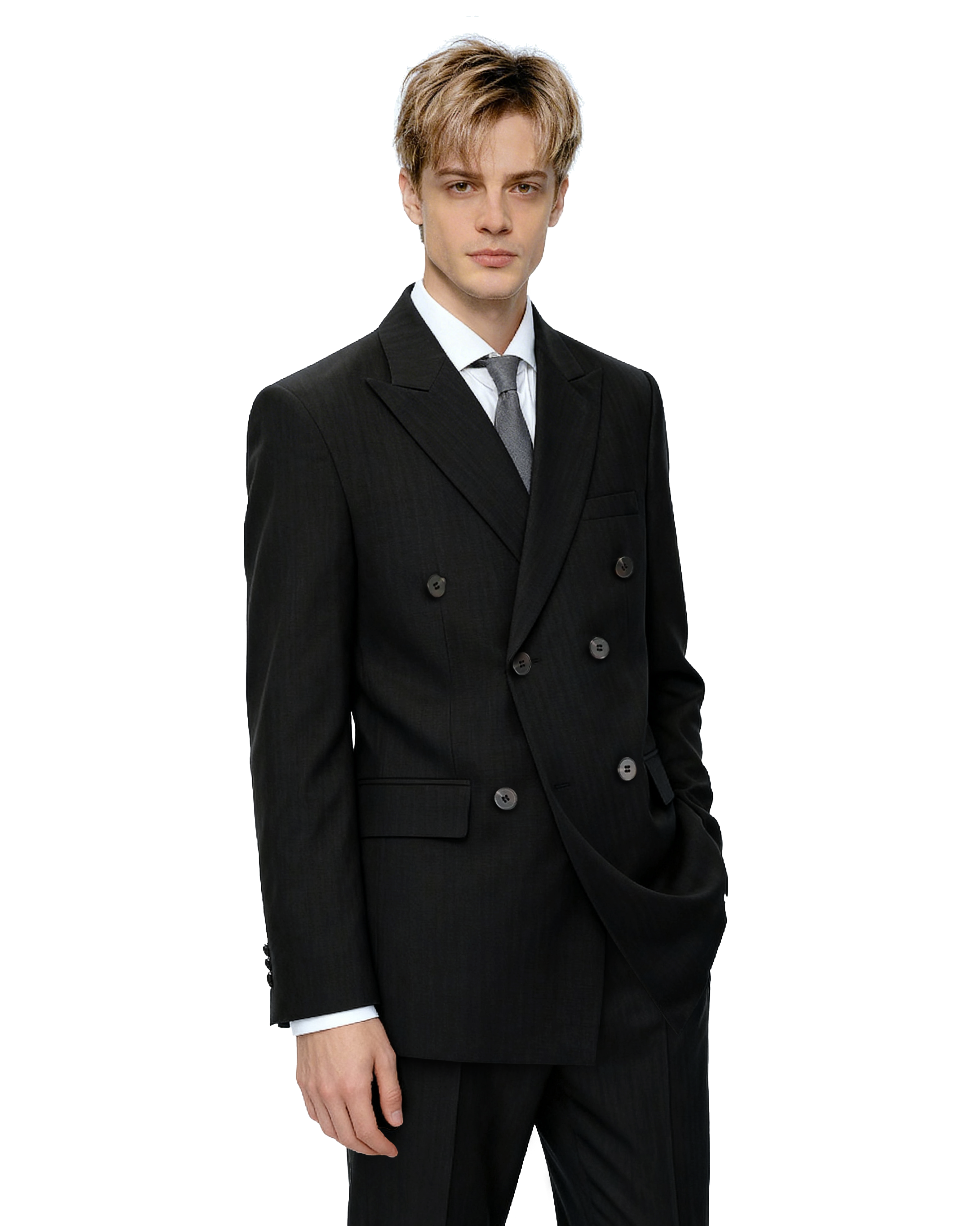 Double-Breasted Oversized Textured Blazer with Peak Lapel-13
