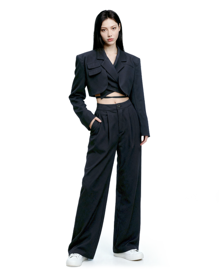 Slim Cropped Blazer with Rounded Hem Two-Piece Suit Set