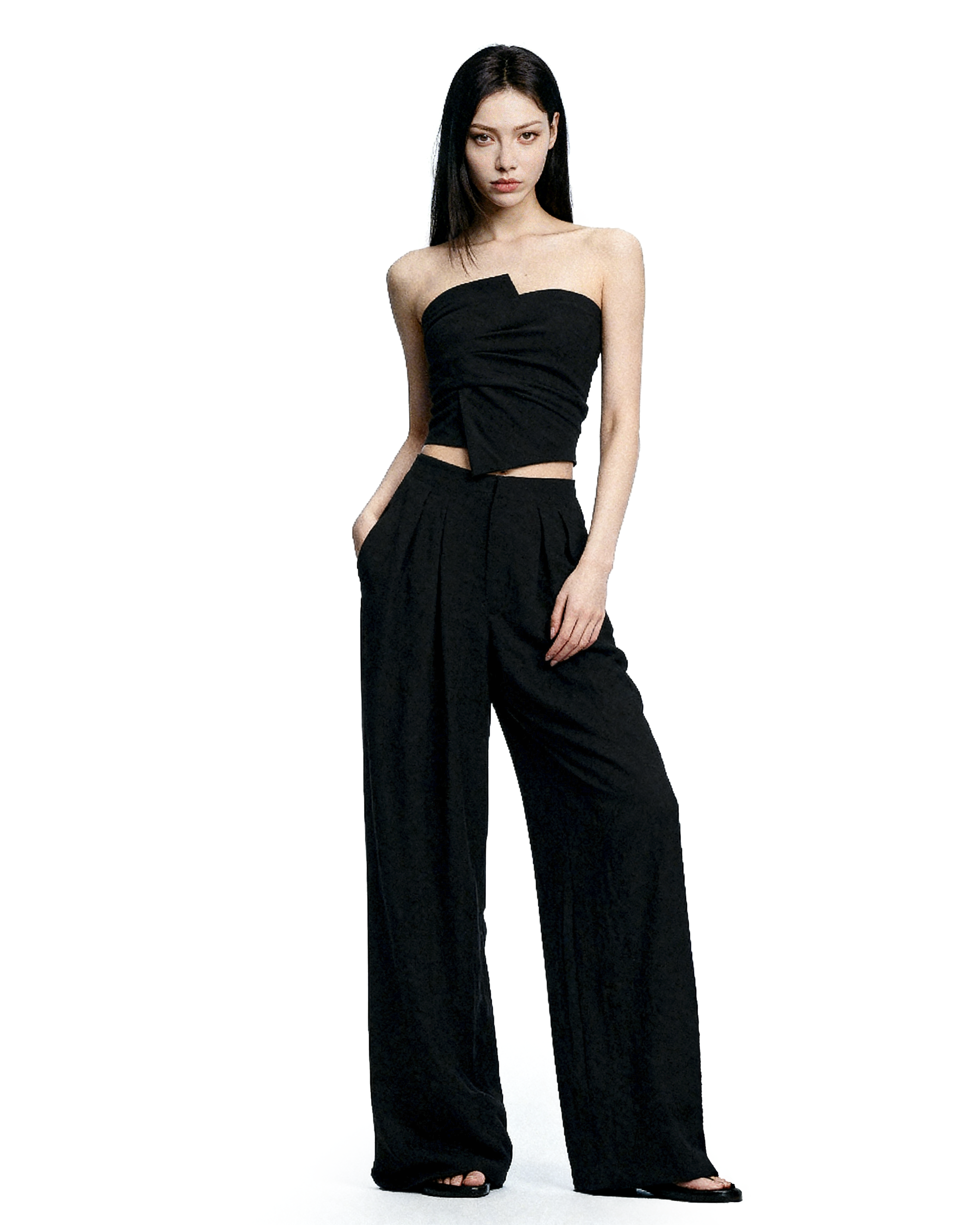 Strapless Asymmetric Top and Wide Leg Pleated Pant Two-Piece Set - nightcity clothing