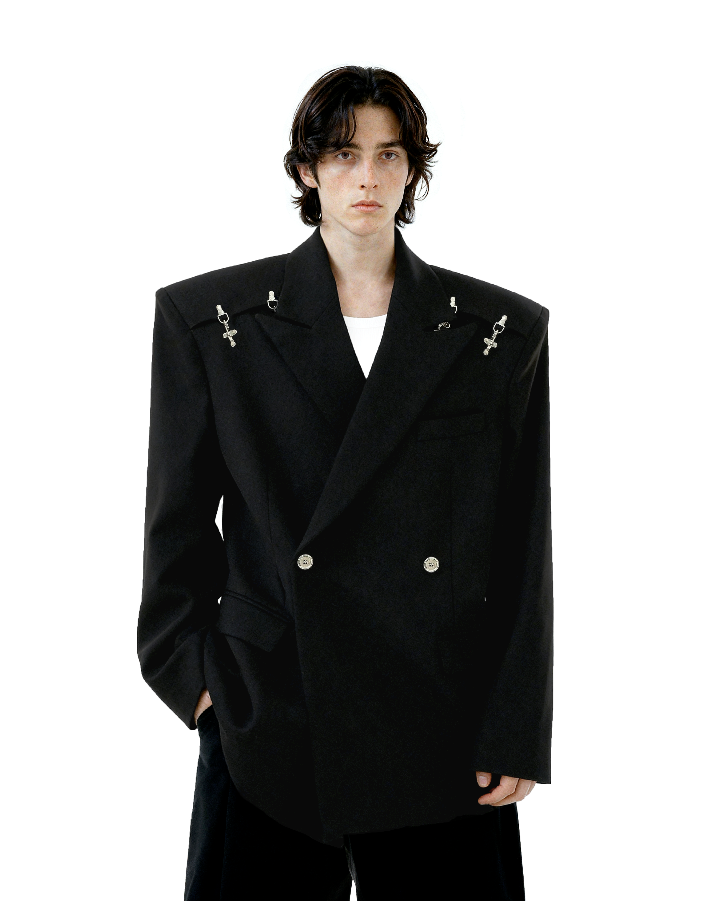 Oversized Double-Breasted Blazer with Peak Lapels and Silver Accents-1