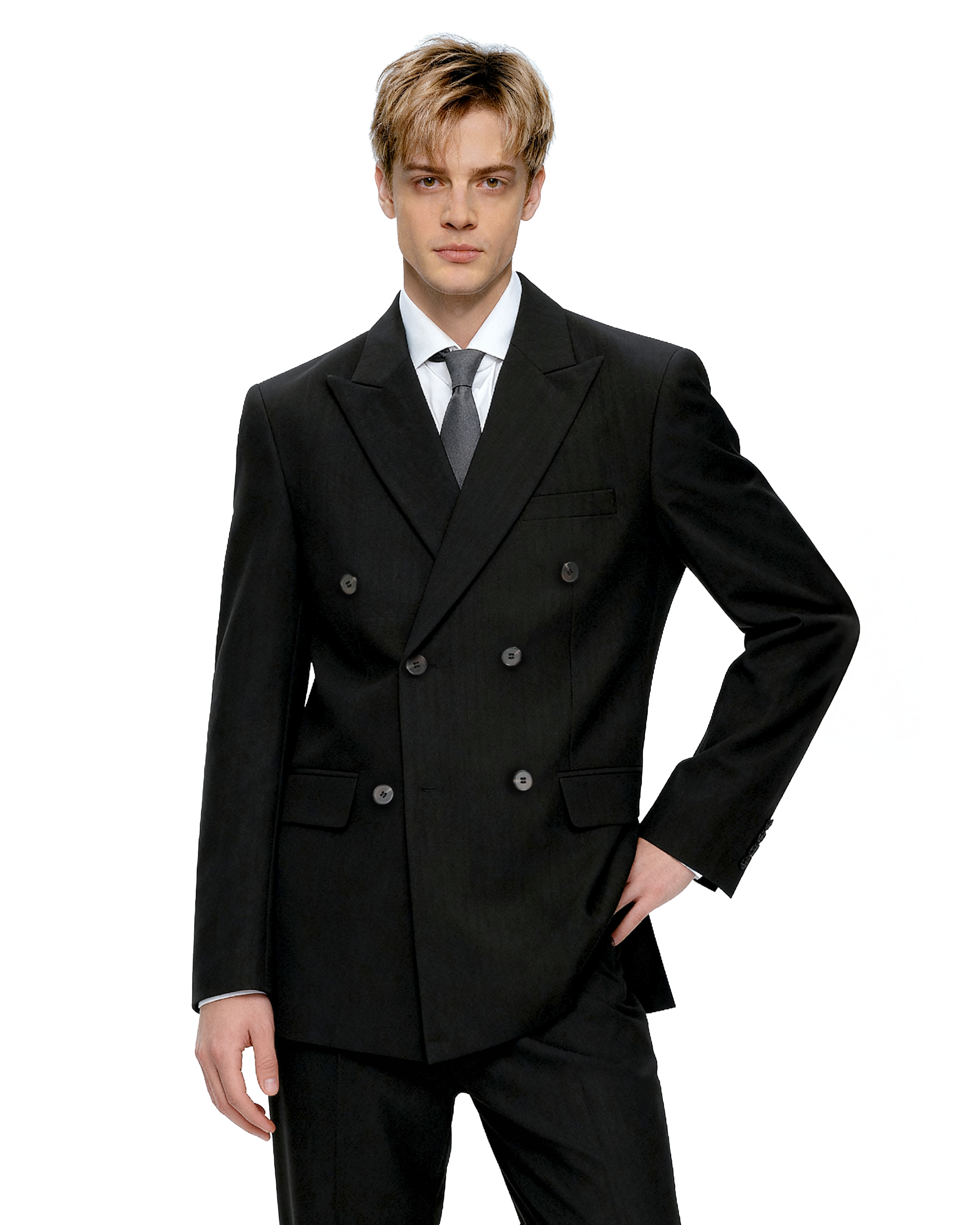 Double-Breasted Oversized Textured Blazer with Peak Lapel-12