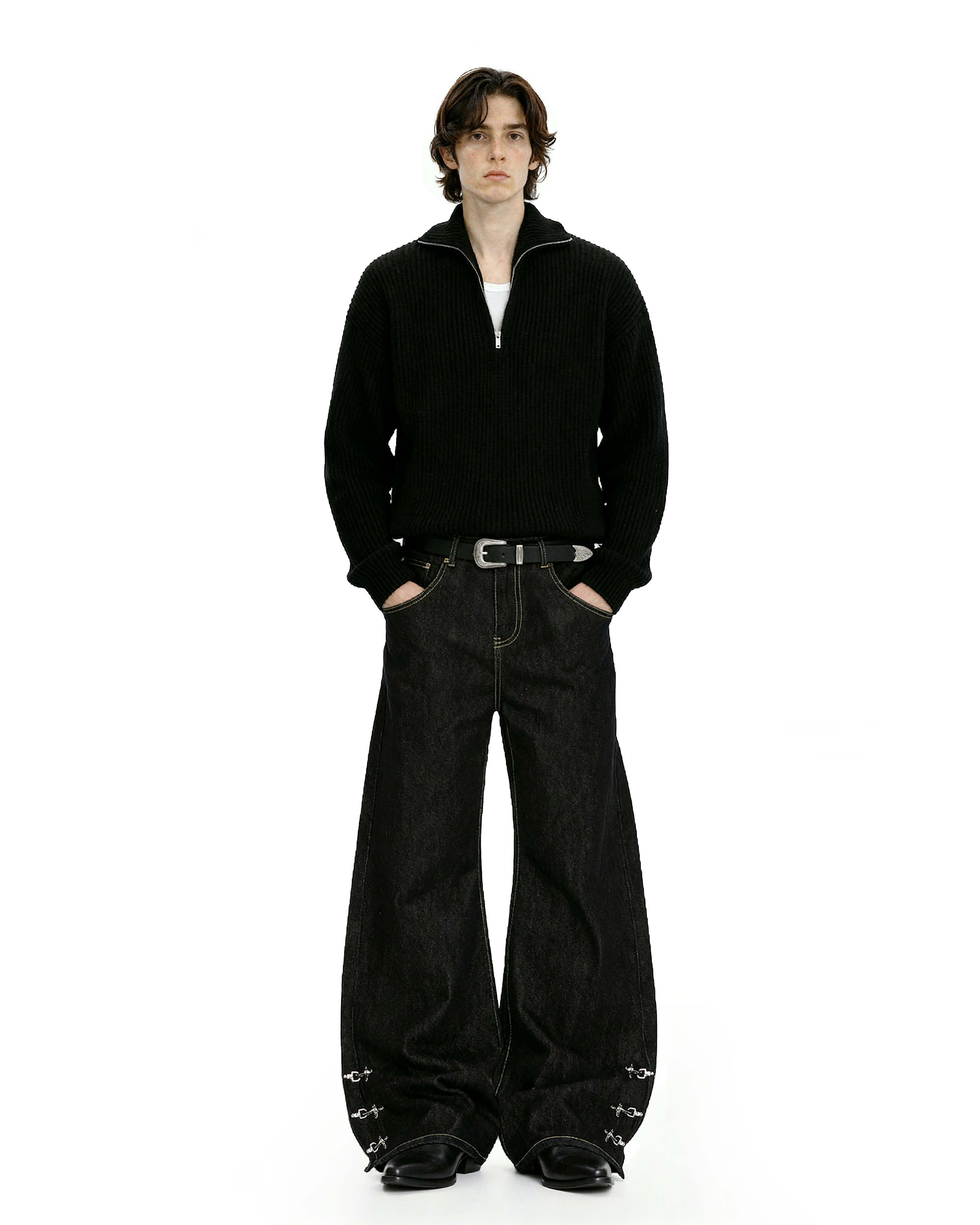Contrast Stitch Wide Leg Jeans with Lower Fireman Buckle Details - nightcity clothing