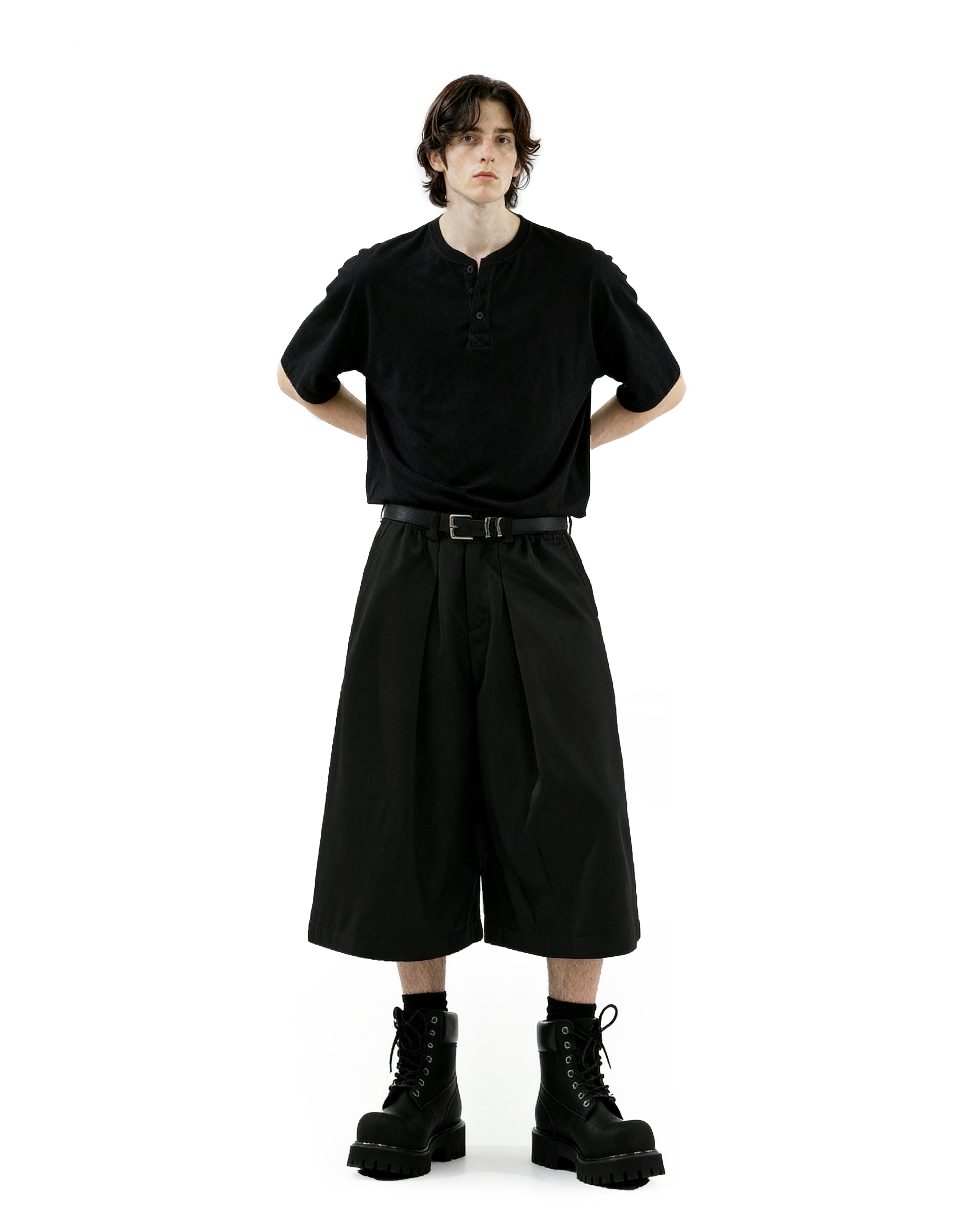 Wide Leg Pleated Bermuda Shorts with Belt Loops - nightcity clothing