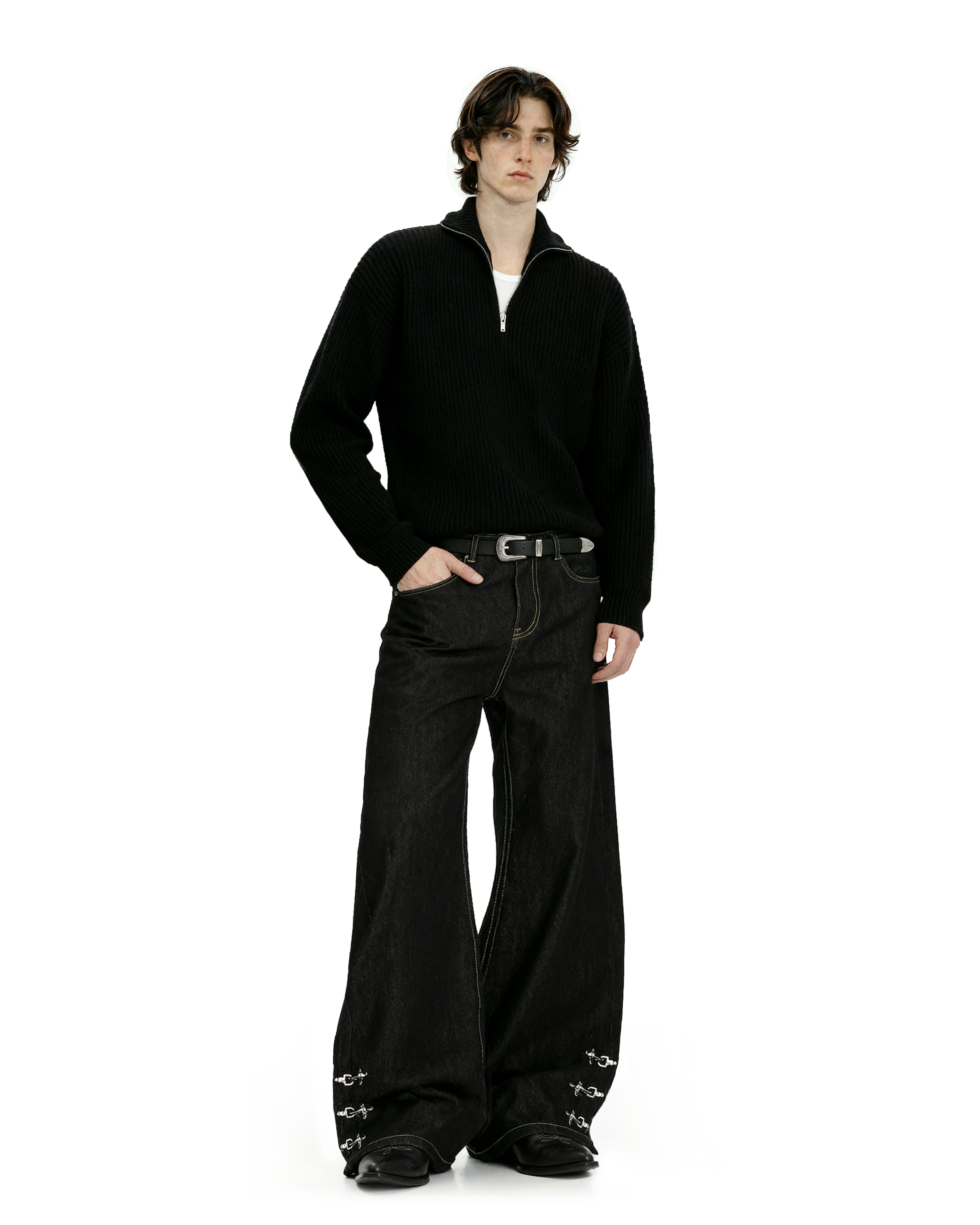 Contrast Stitch Wide Leg Jeans with Lower Fireman Buckle Details - nightcity clothing