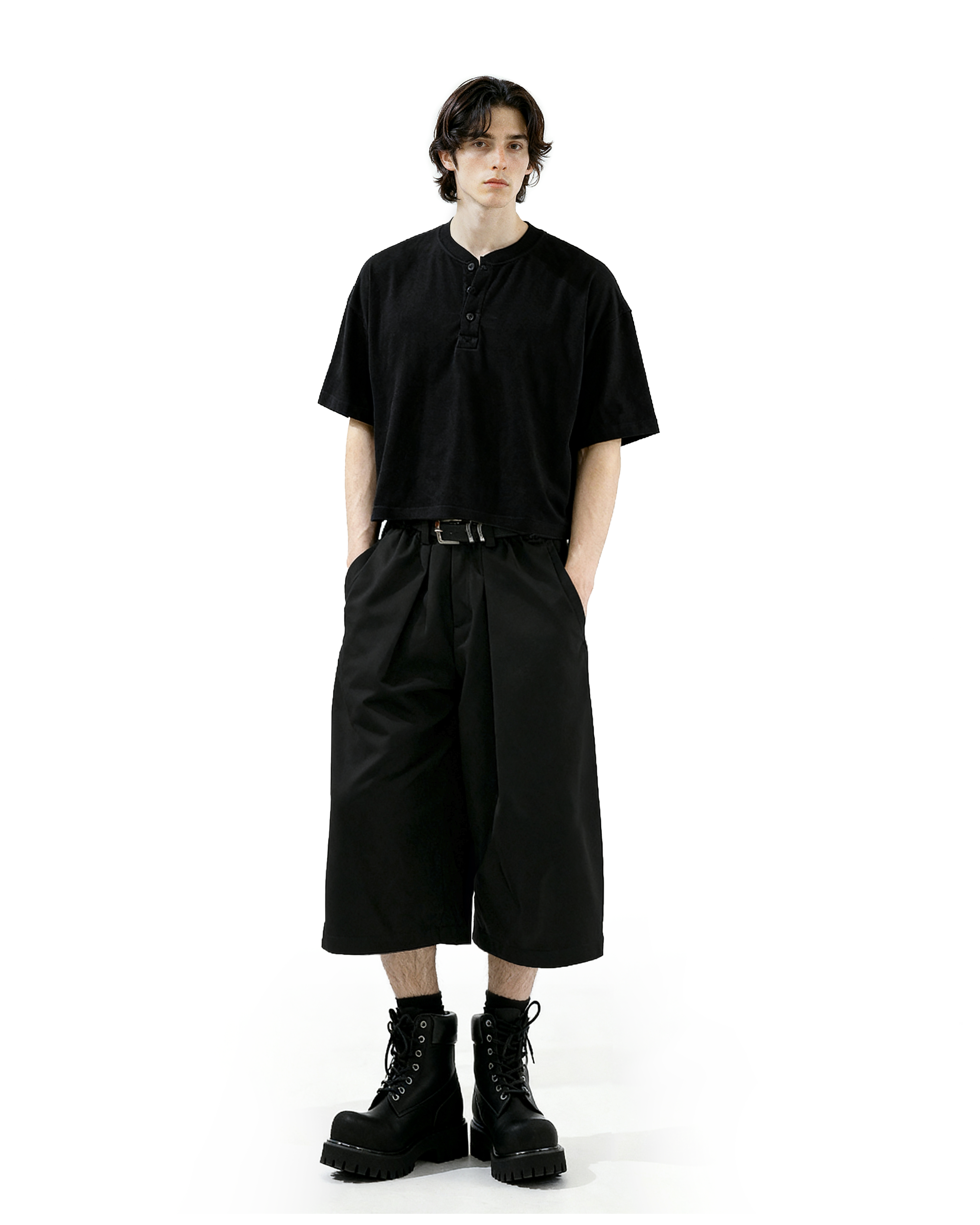 Wide Leg Pleated Bermuda Shorts with Belt Loops - nightcity clothing