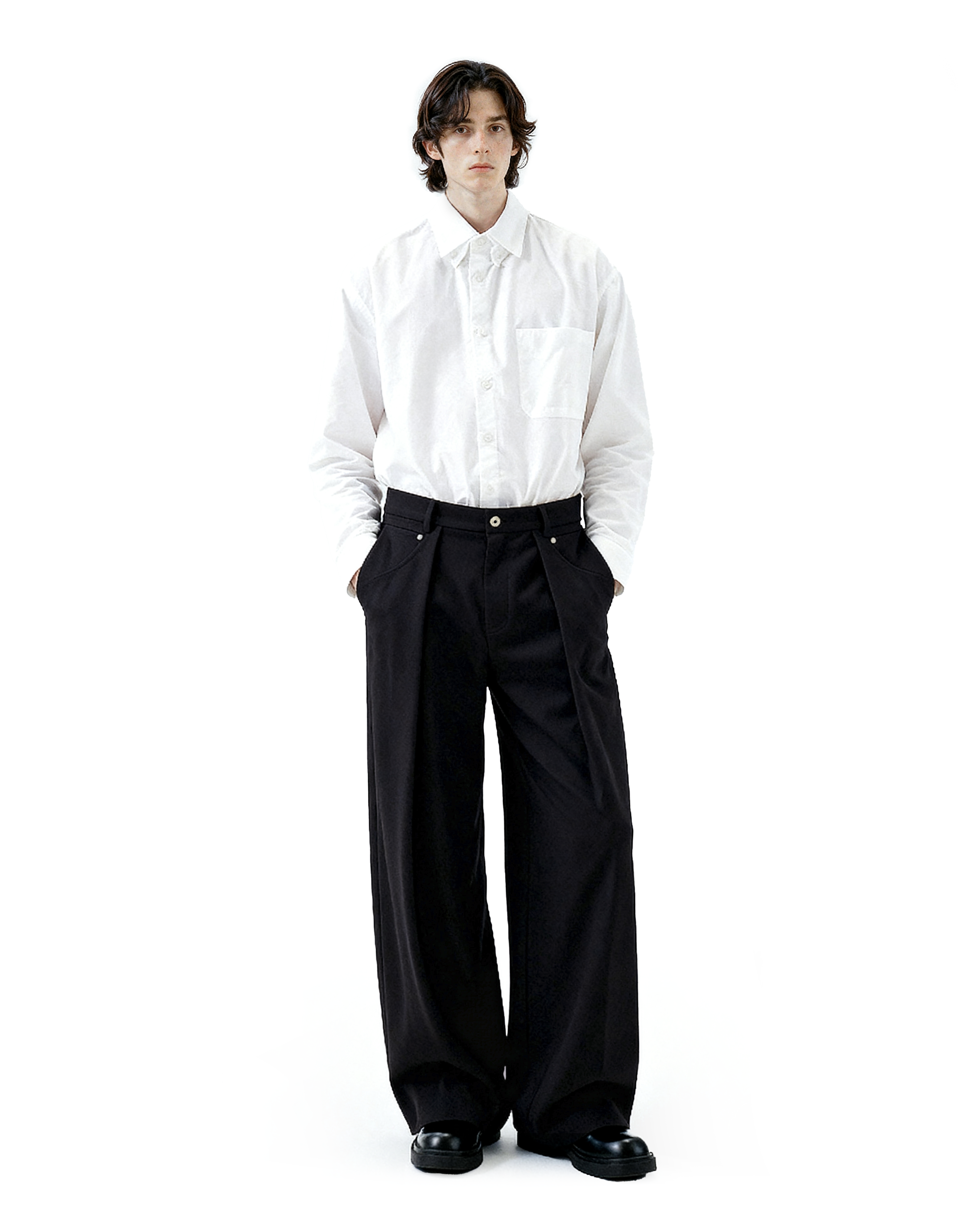 Wide Leg Pleated Trousers with Button Details - nightcity clothing