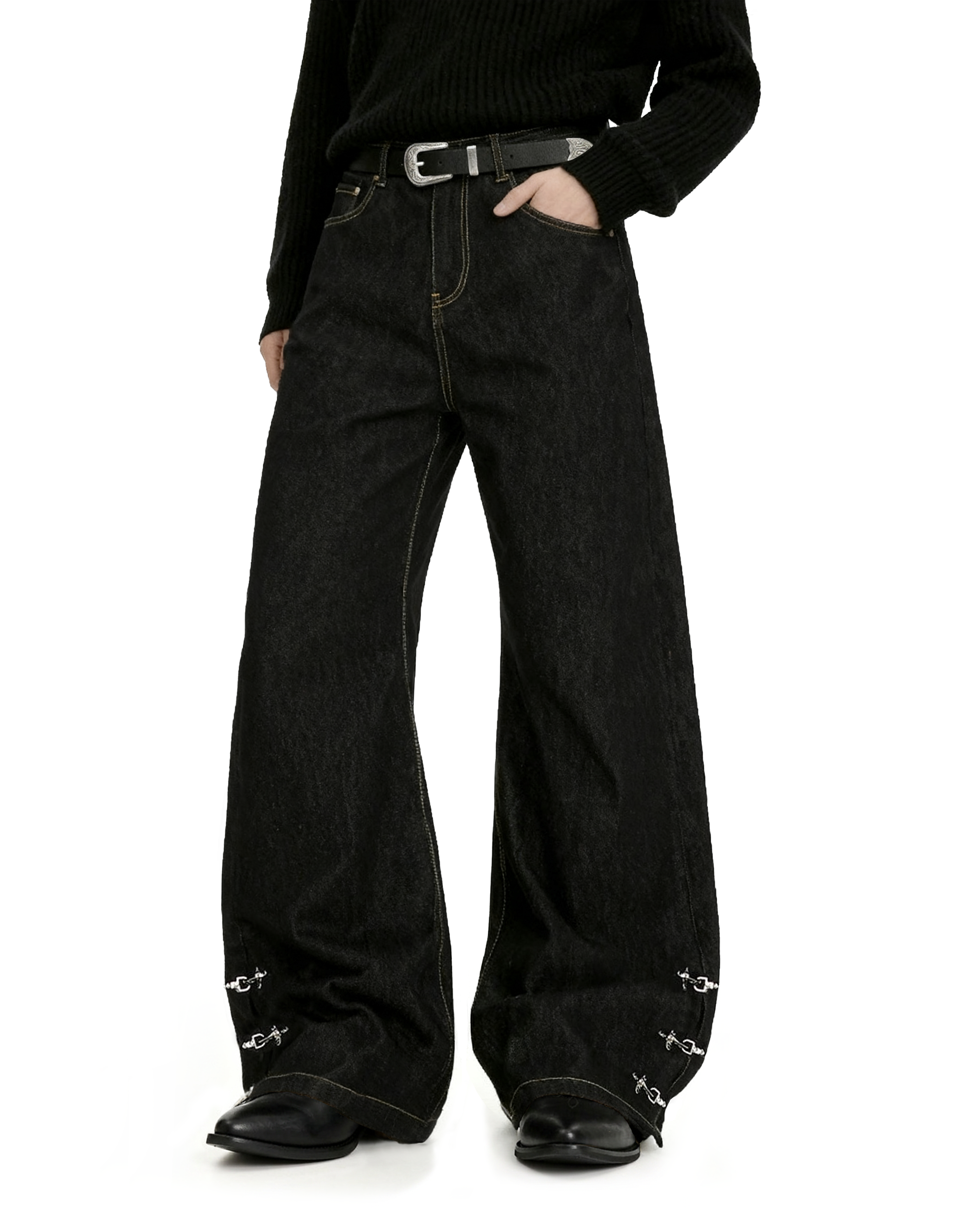Contrast Stitch Wide Leg Jeans with Lower Fireman Buckle Details - nightcity clothing