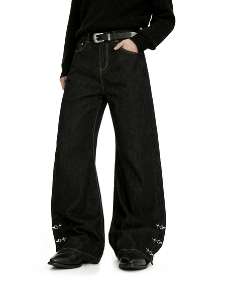 Contrast Stitch Wide Leg Jeans with Lower Fireman Buckle Details - nightcity clothing