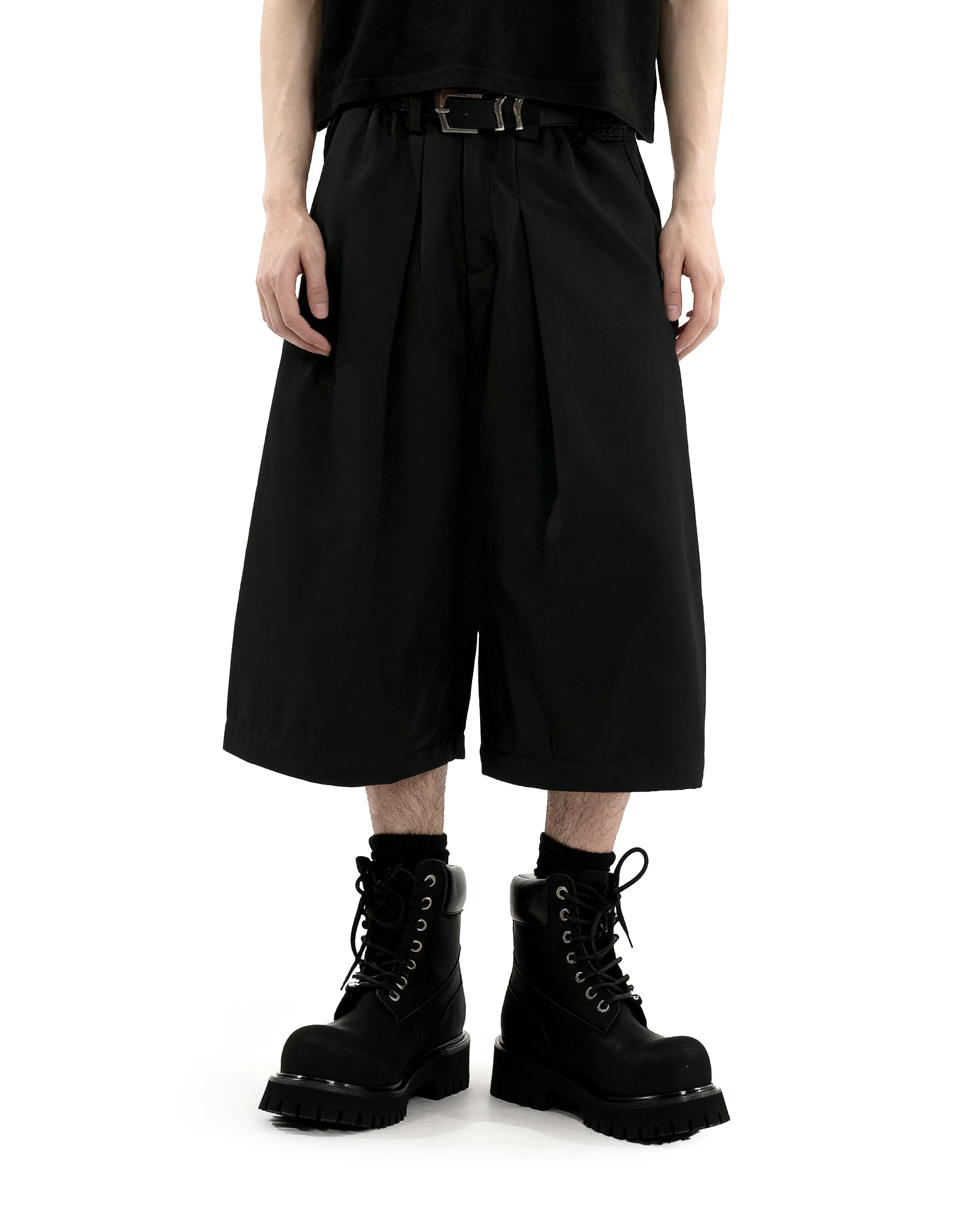 Wide Leg Pleated Bermuda Shorts with Belt Loops - nightcity clothing