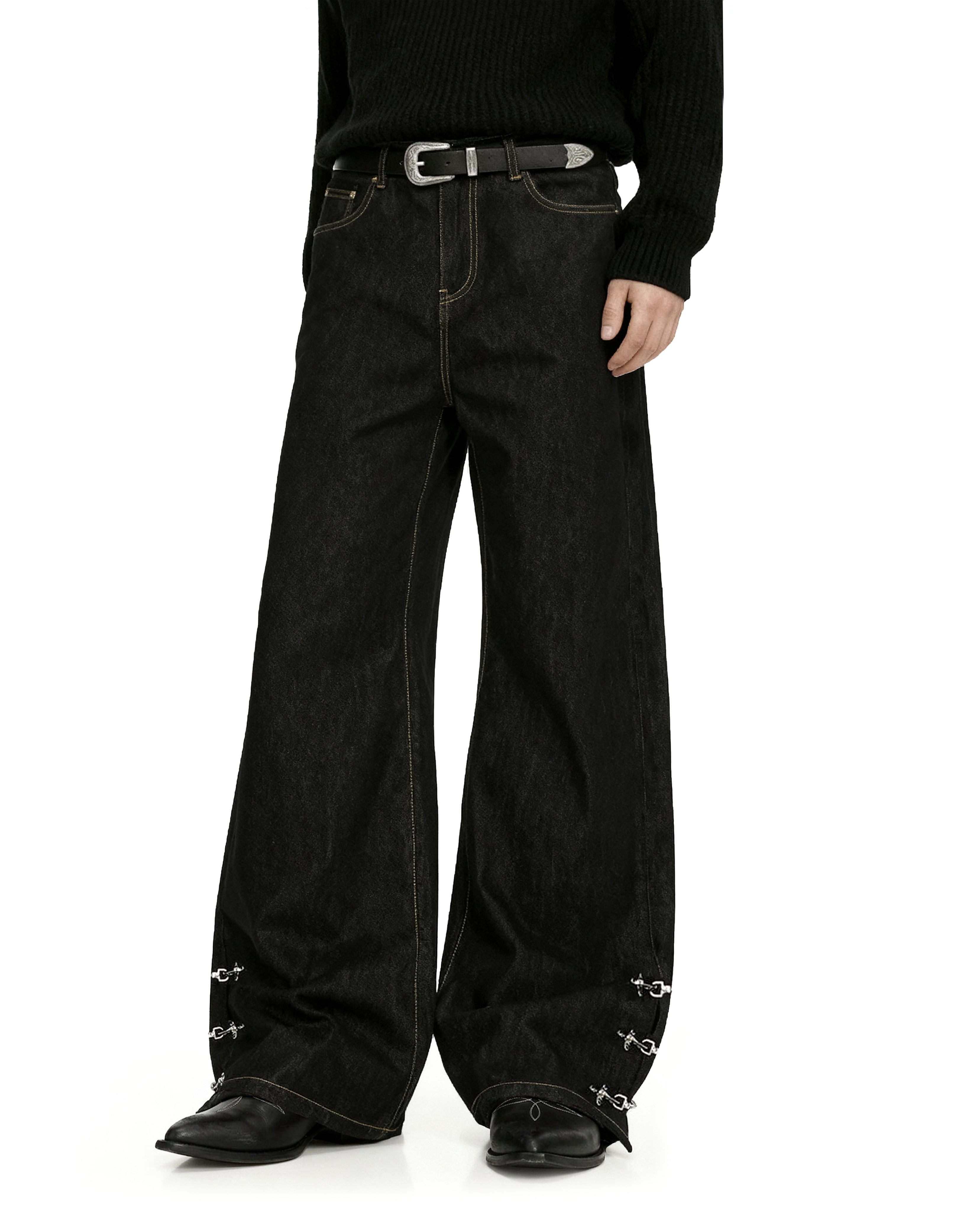 Contrast Stitch Wide Leg Jeans with Lower Fireman Buckle Details - nightcity clothing