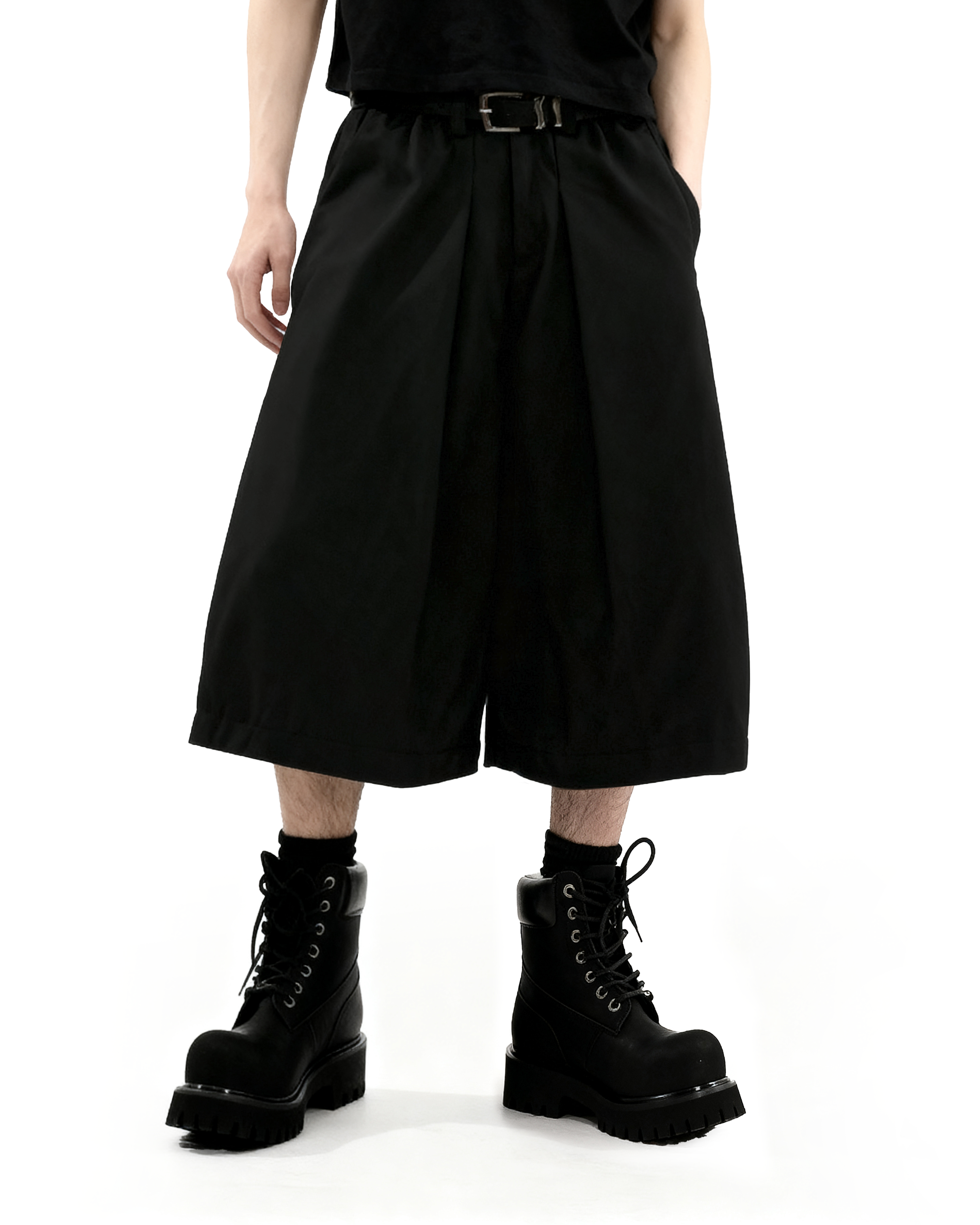 Wide Leg Pleated Bermuda Shorts with Belt Loops - nightcity clothing