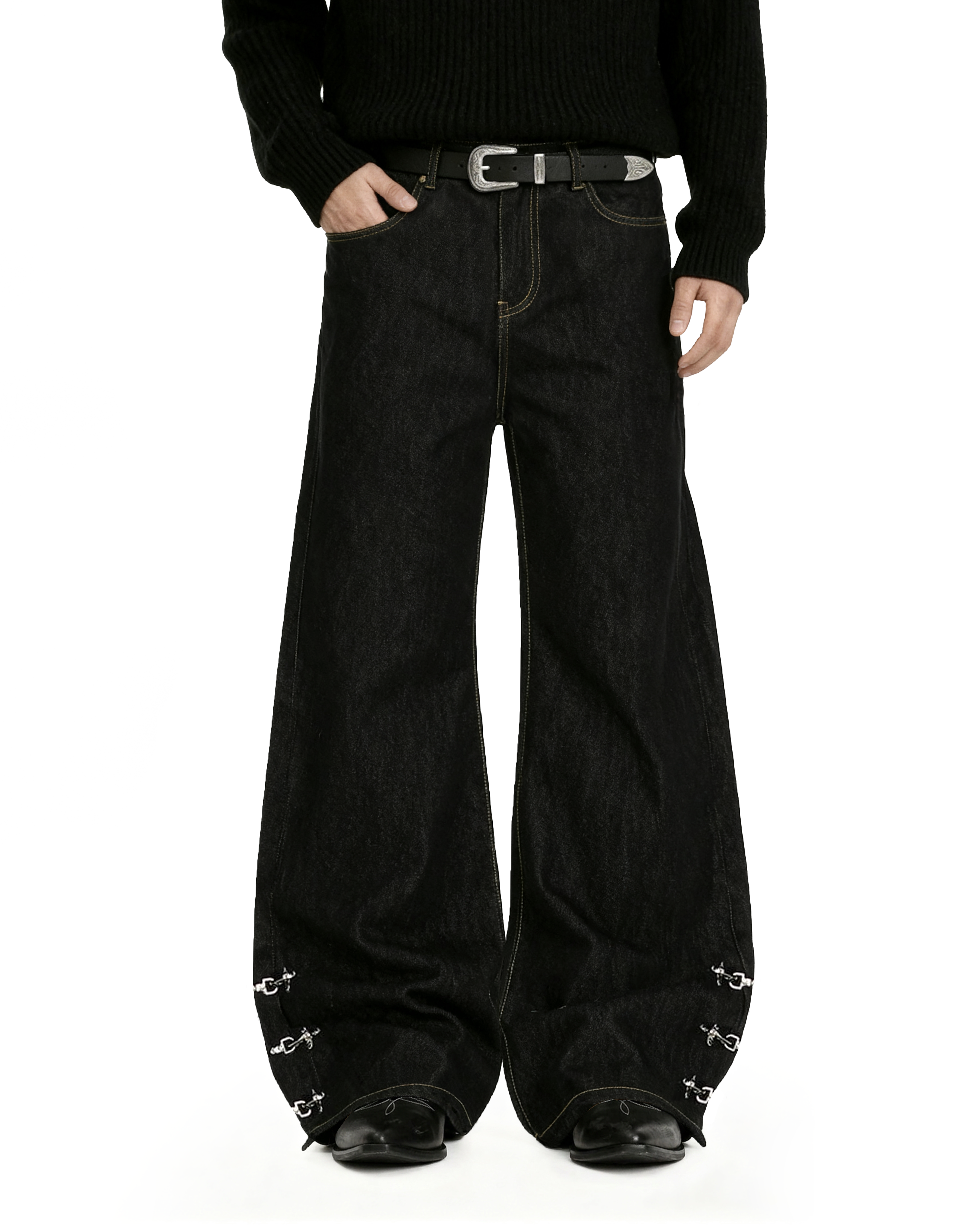 Contrast Stitch Wide Leg Jeans with Lower Fireman Buckle Details - nightcity clothing
