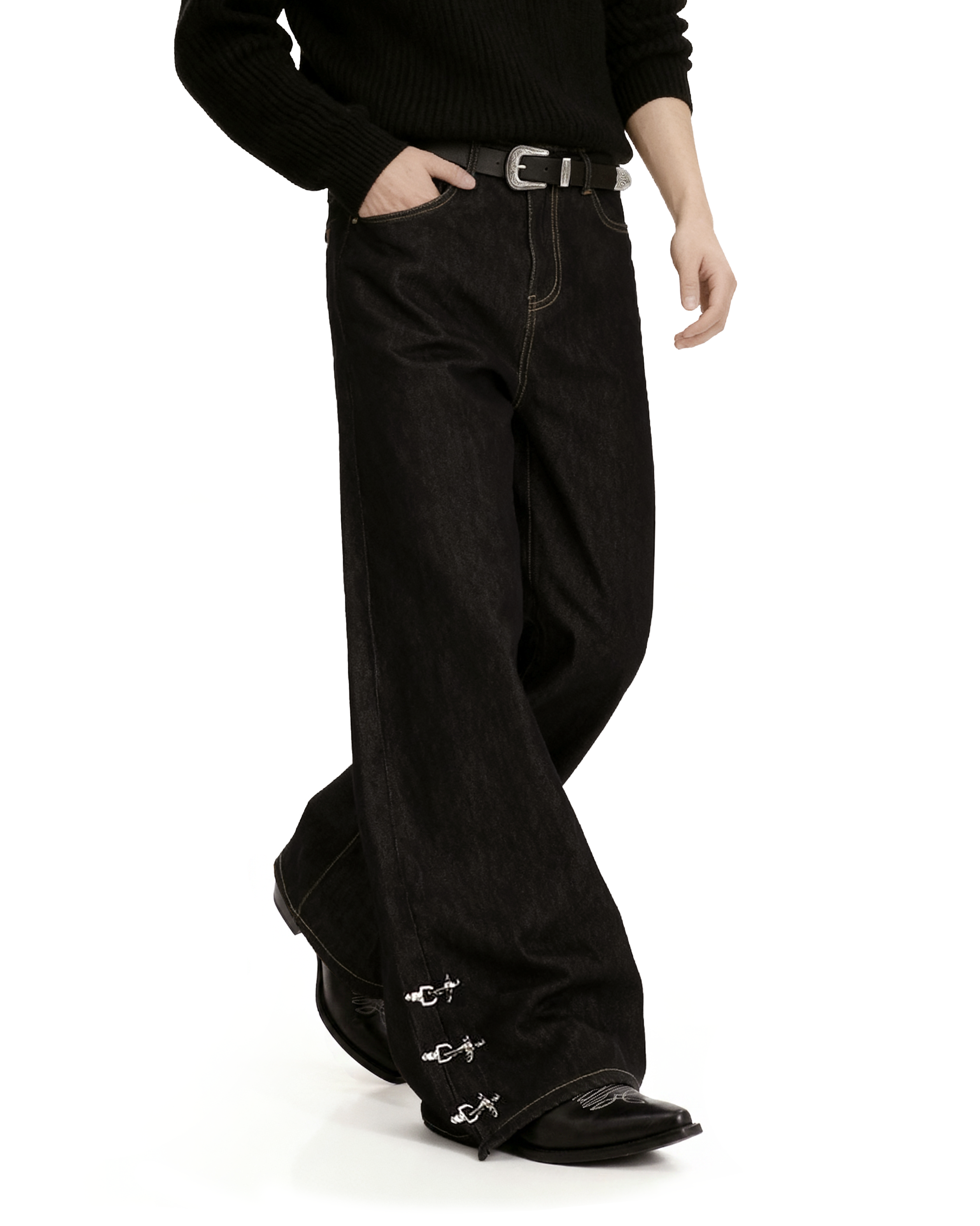 Contrast Stitch Wide Leg Jeans with Lower Fireman Buckle Details - nightcity clothing