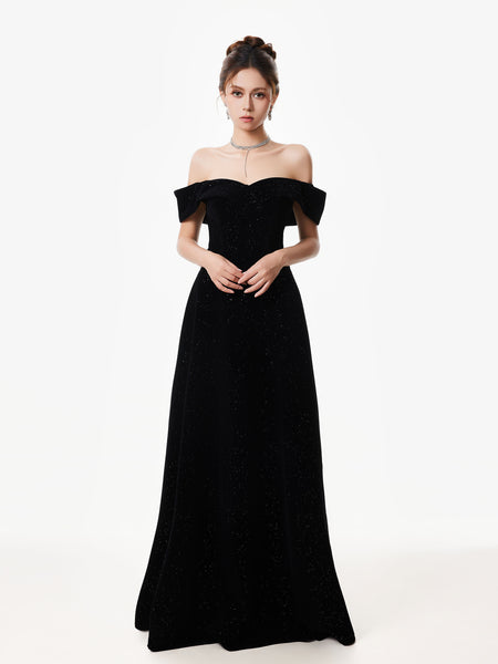Off-Shoulder Velvet Sparkle Evening Dress with Sequin Detail - nightcity clothing