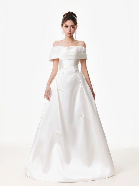 Off Shoulder Satin Gown with Draped Bodice and Bow Accents
