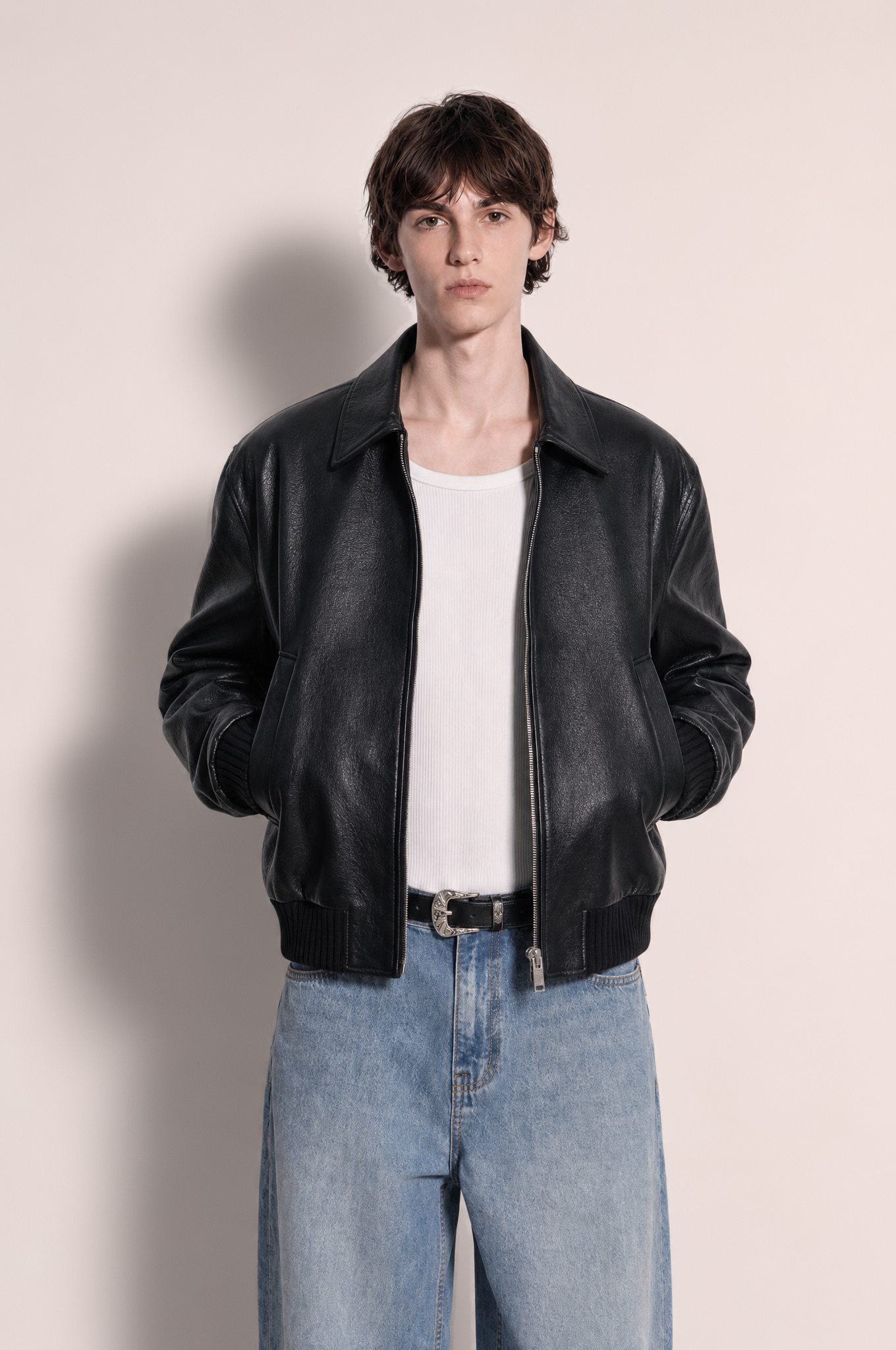 Boxy Collared Vegan Leather Jacket-2