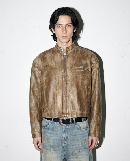 Boxy Faded Faux Leather Moto Jacket