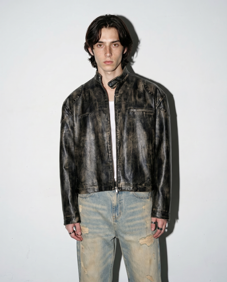 Boxy Faded Faux Leather Moto Jacket