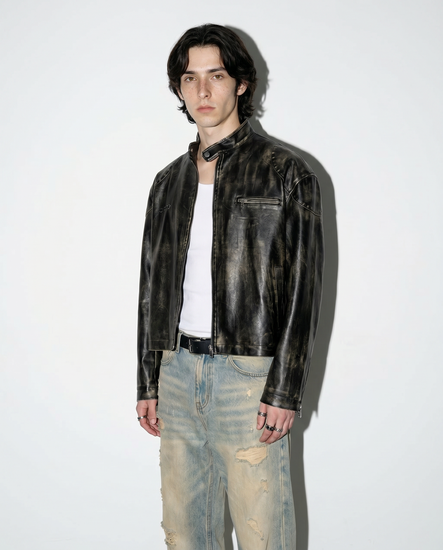 Boxy Faded Faux Leather Moto Jacket