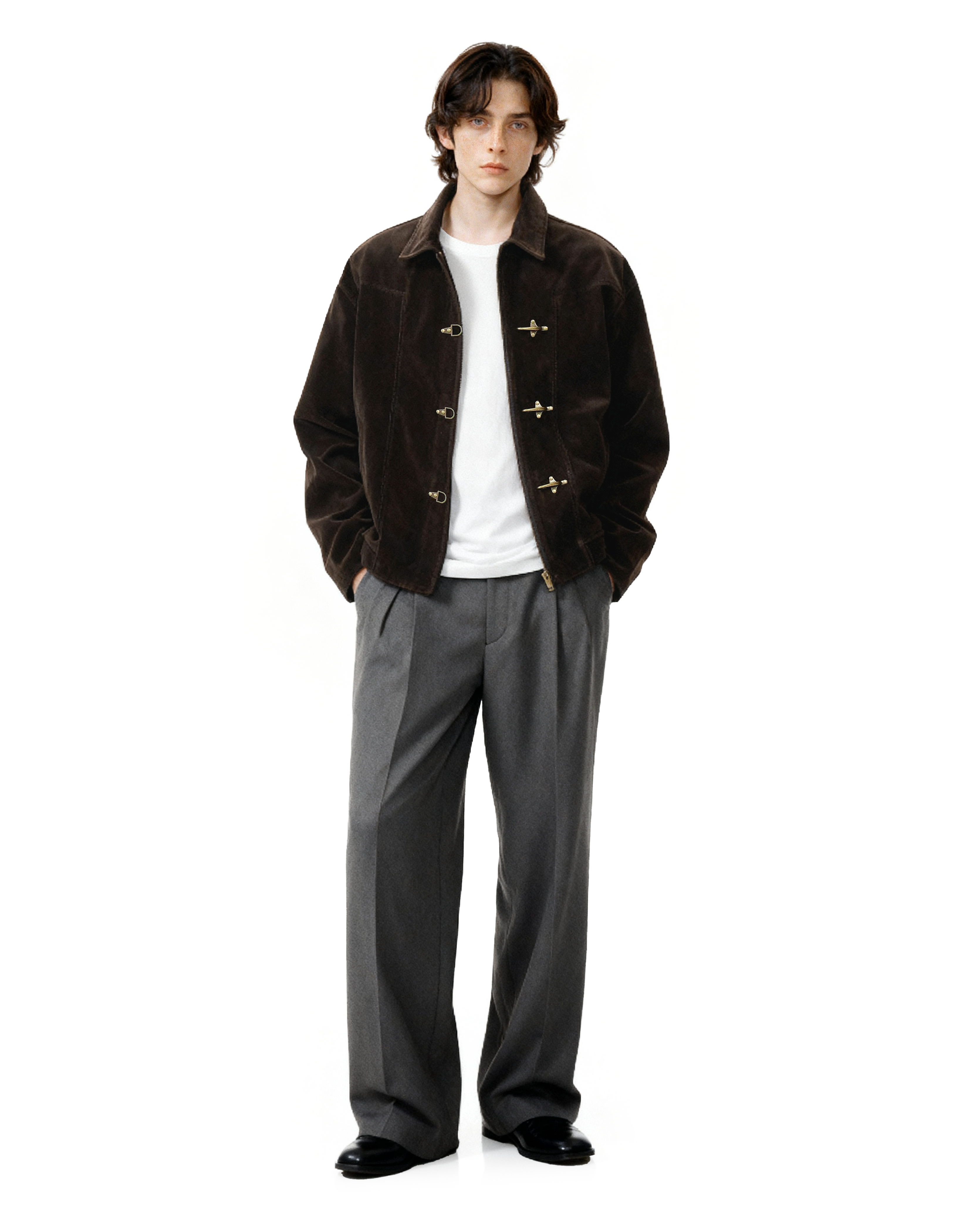 Fireman Buckle Faux Suede Mid-Crop Zip Jacket - nightcity clothing