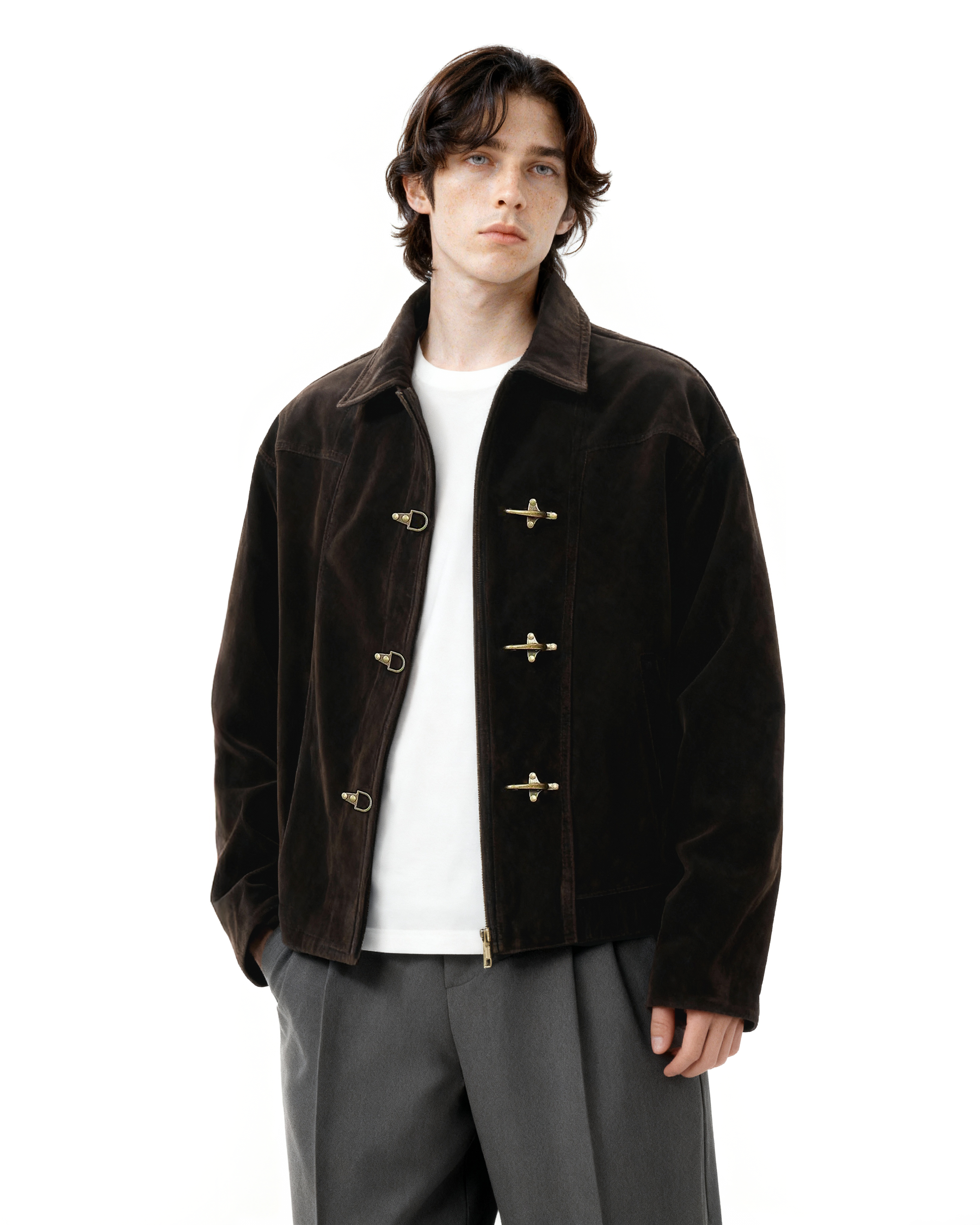 Fireman Buckle Faux Suede Mid-Crop Zip Jacket - nightcity clothing