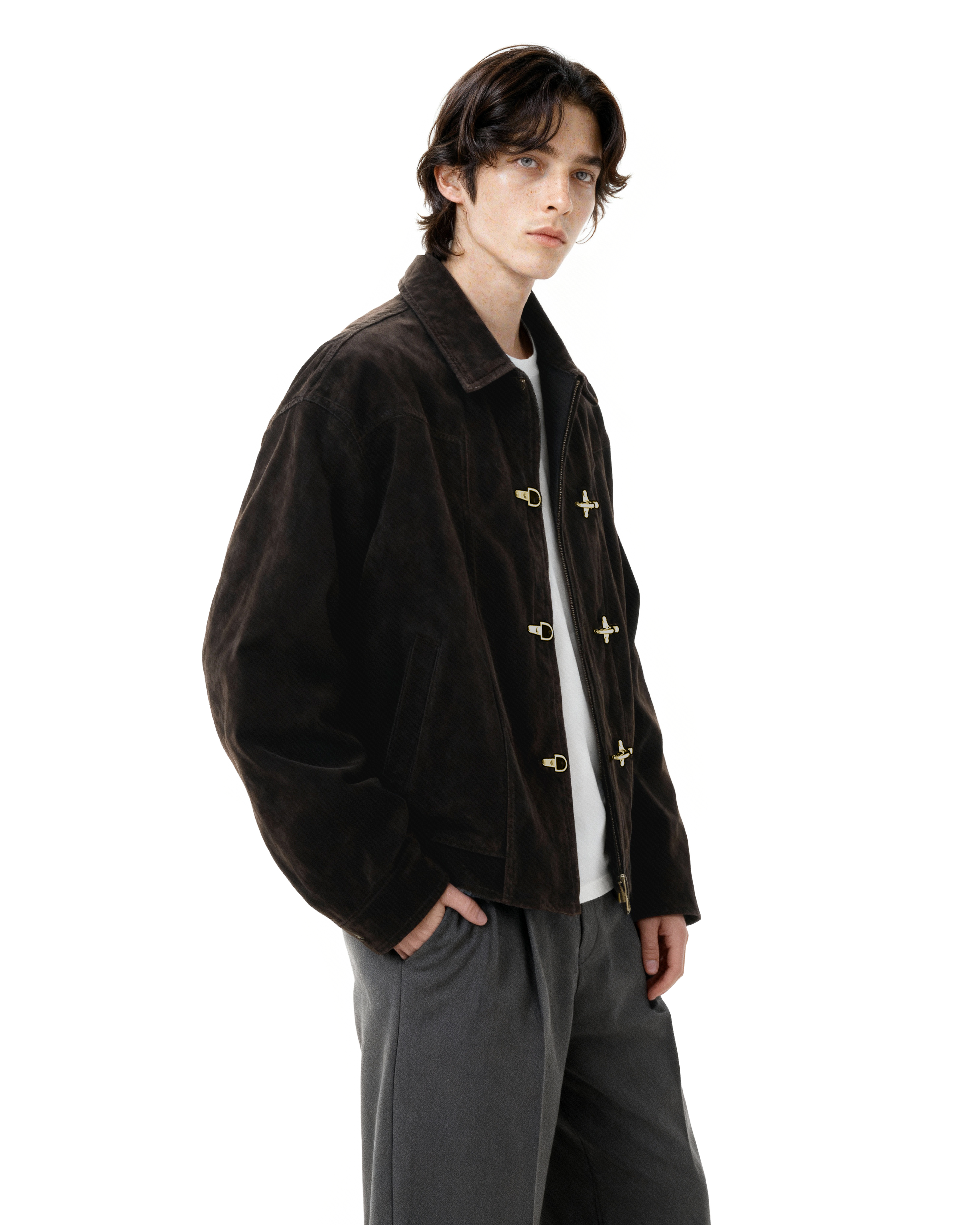 Fireman Buckle Faux Suede Mid-Crop Zip Jacket - nightcity clothing