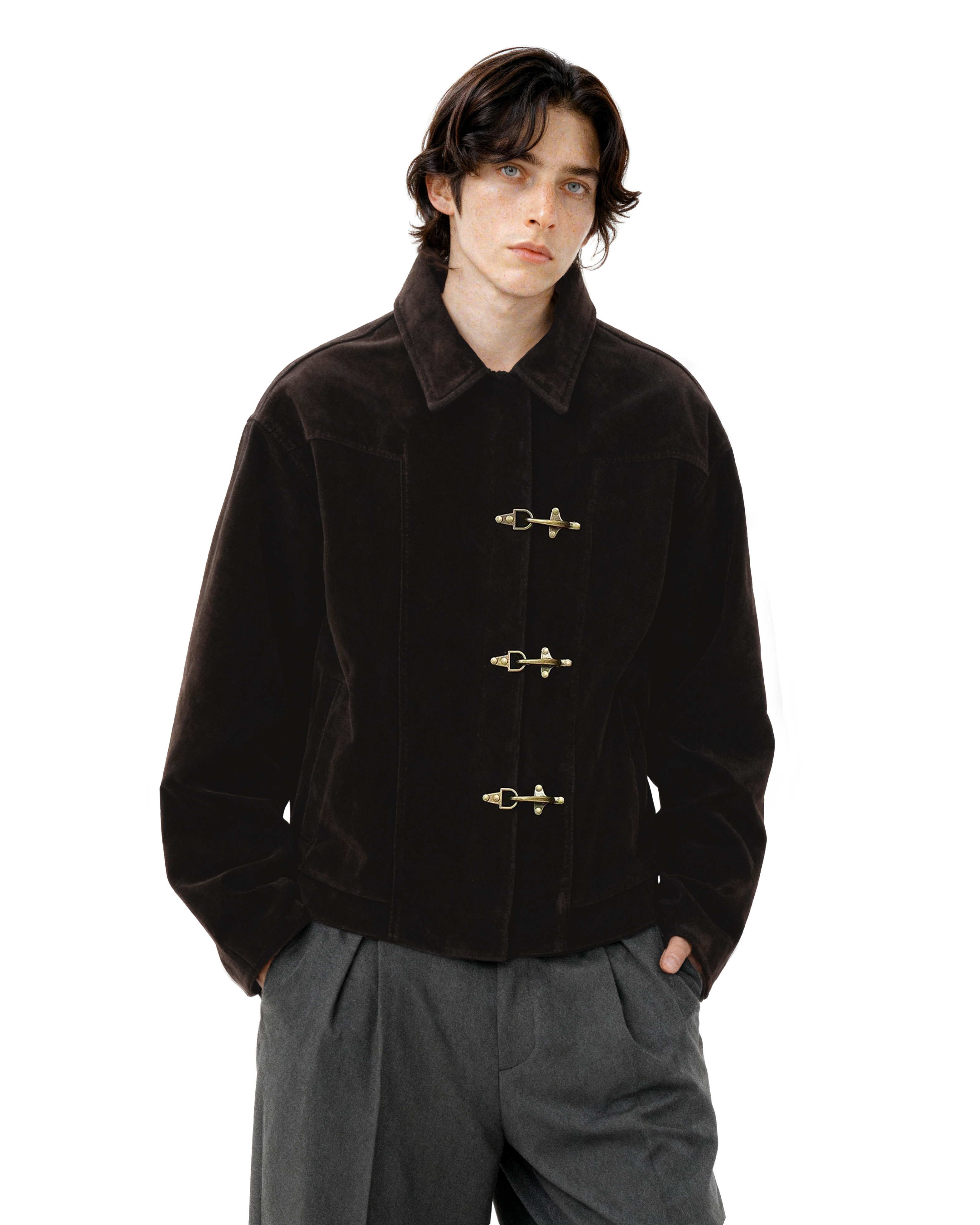 Fireman Buckle Faux Suede Mid-Crop Zip Jacket - nightcity clothing