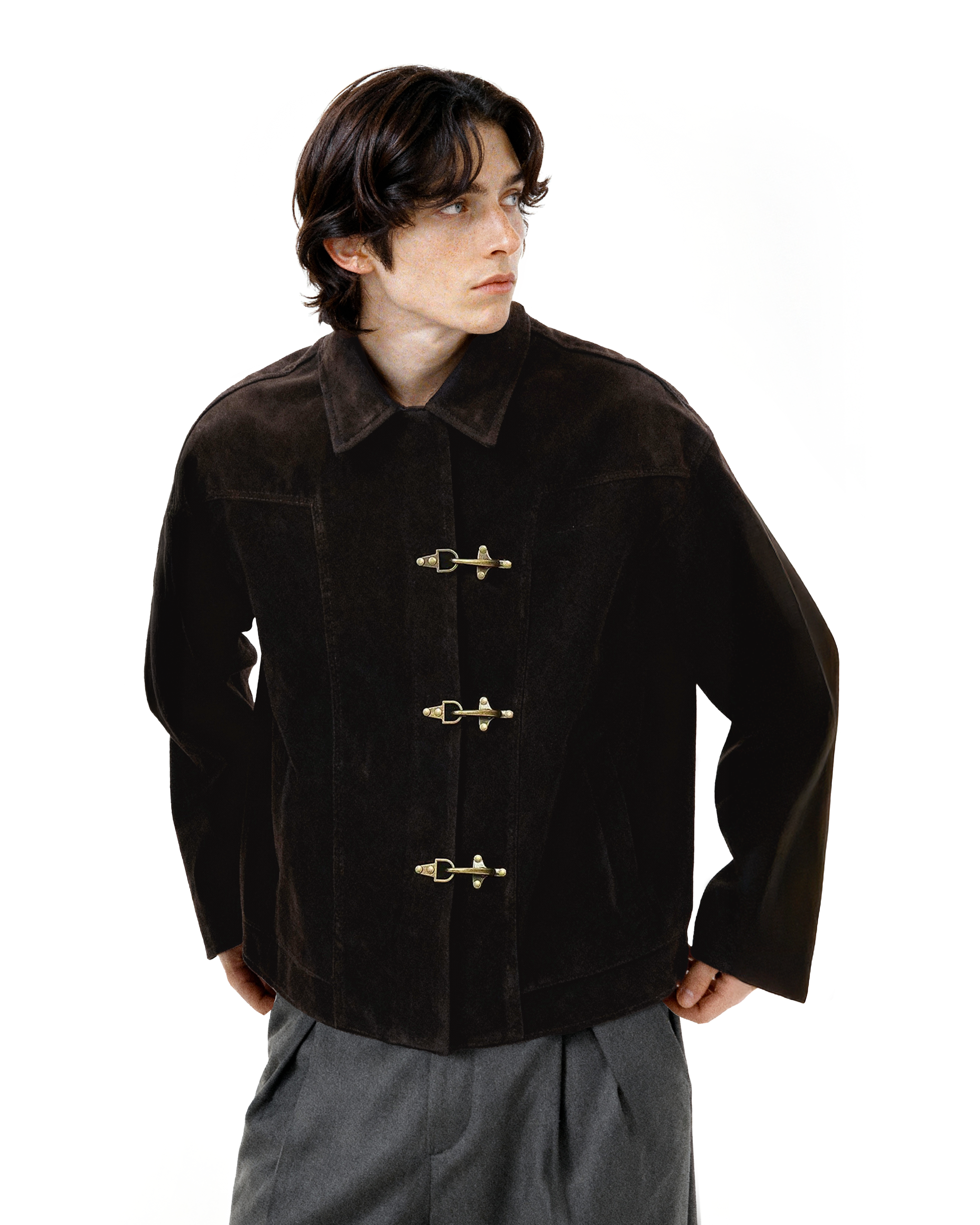 Fireman Buckle Faux Suede Mid-Crop Zip Jacket - nightcity clothing