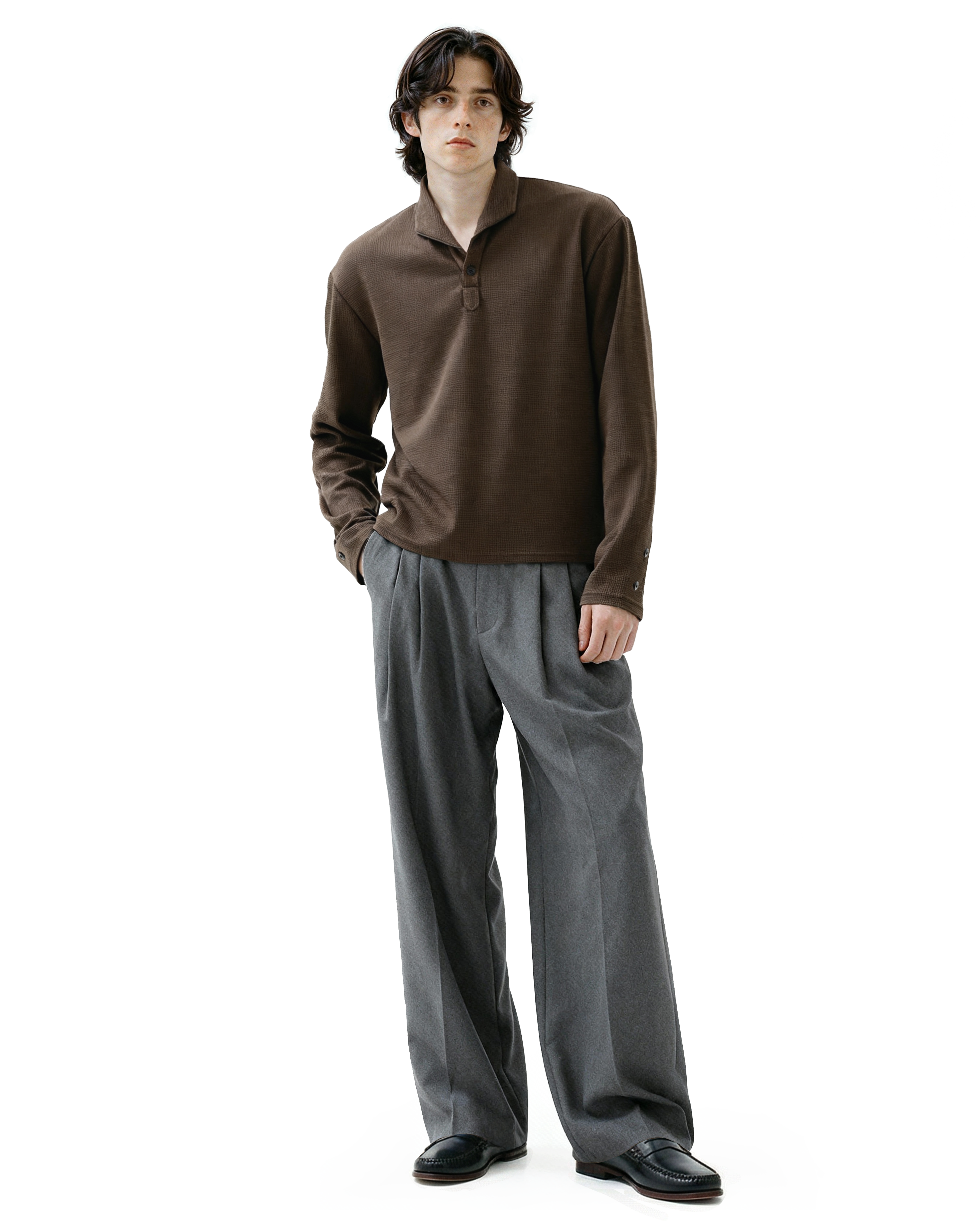 Waffle Knit Half-Button Long Sleeve Polo Top - nightcity clothing