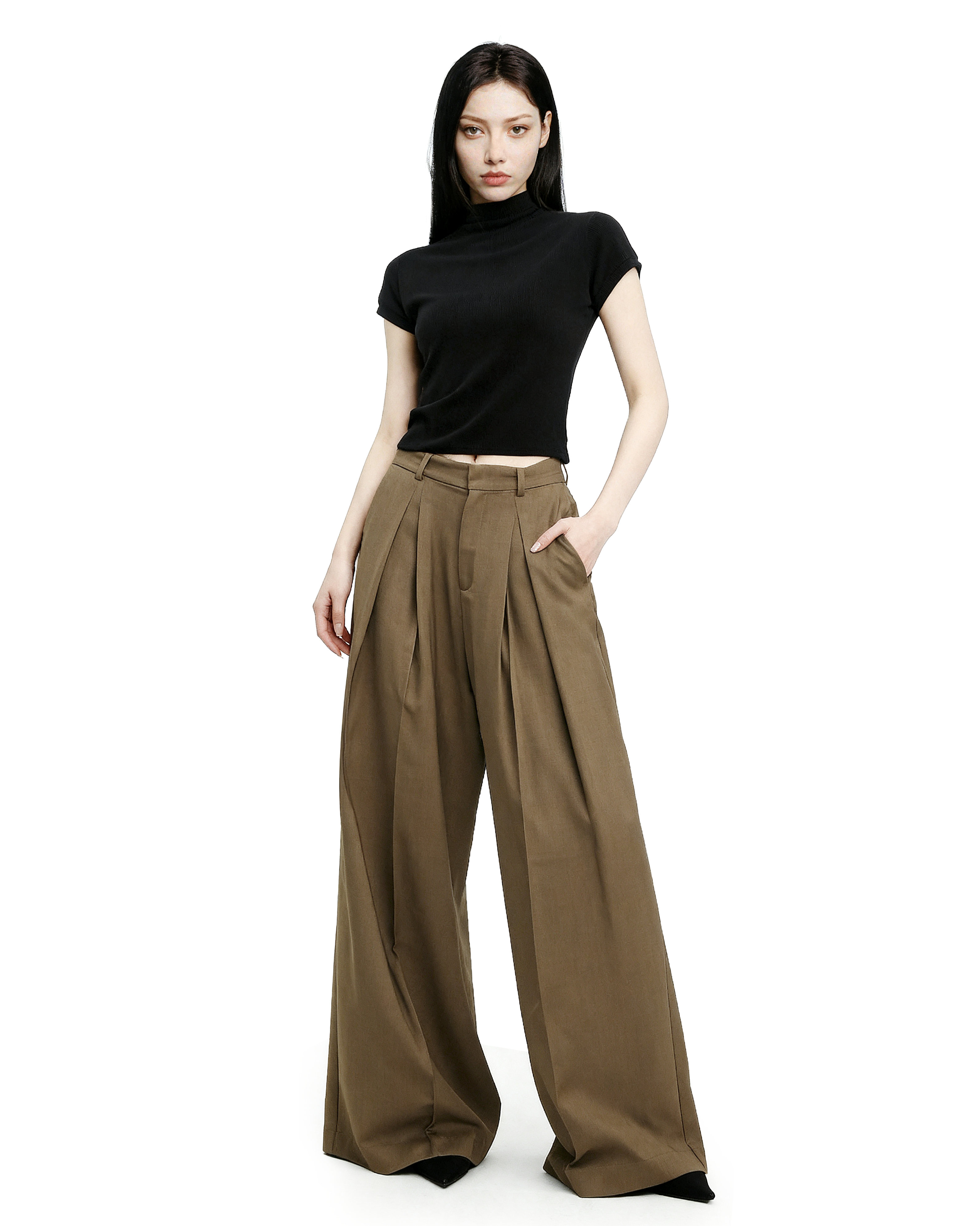 Wide Leg Criss-Cross Pleated Palazzo Trousers-5
