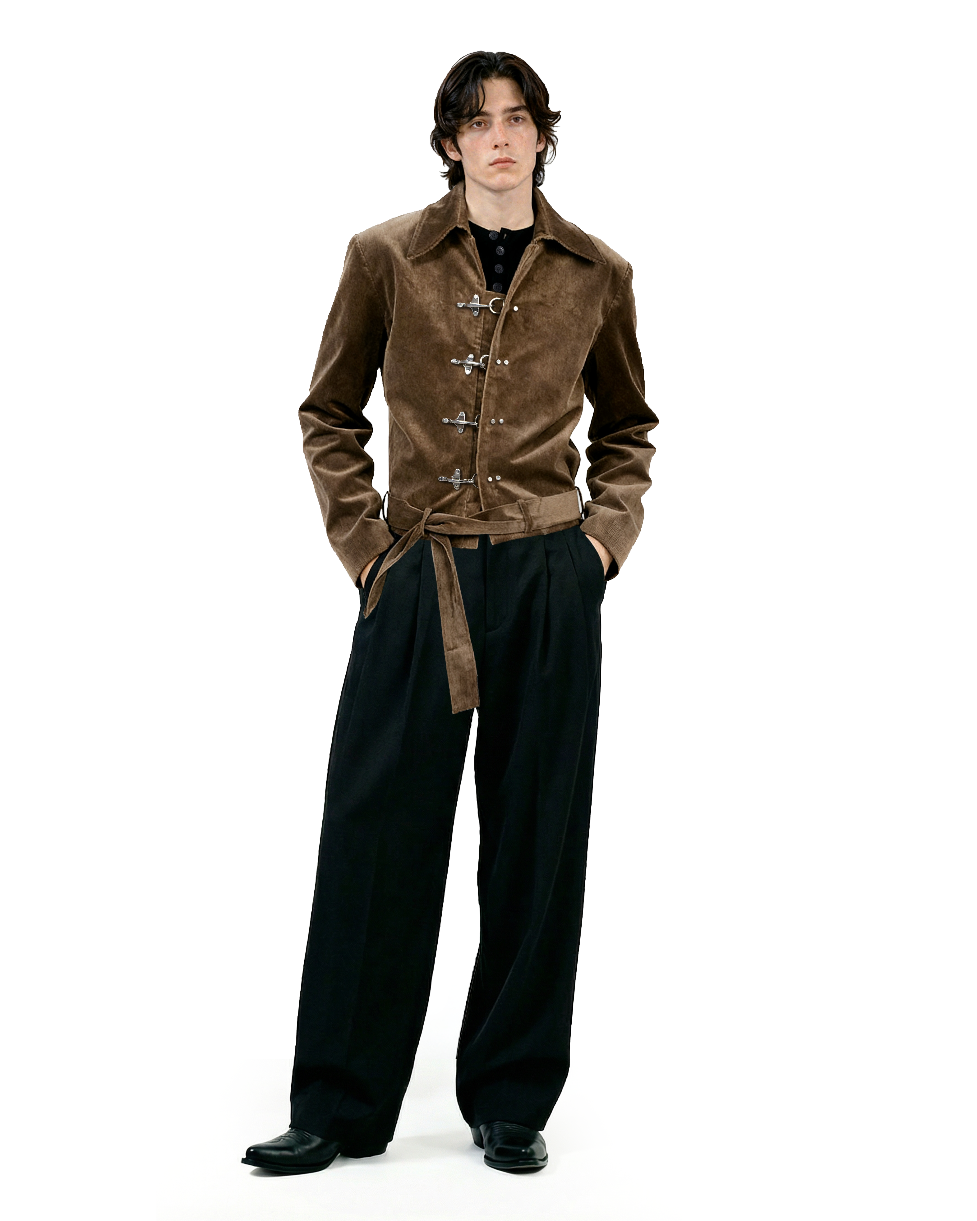 Fireman Clasp Mid-Crop Corduroy Jacket with Belted Waist - nightcity clothing