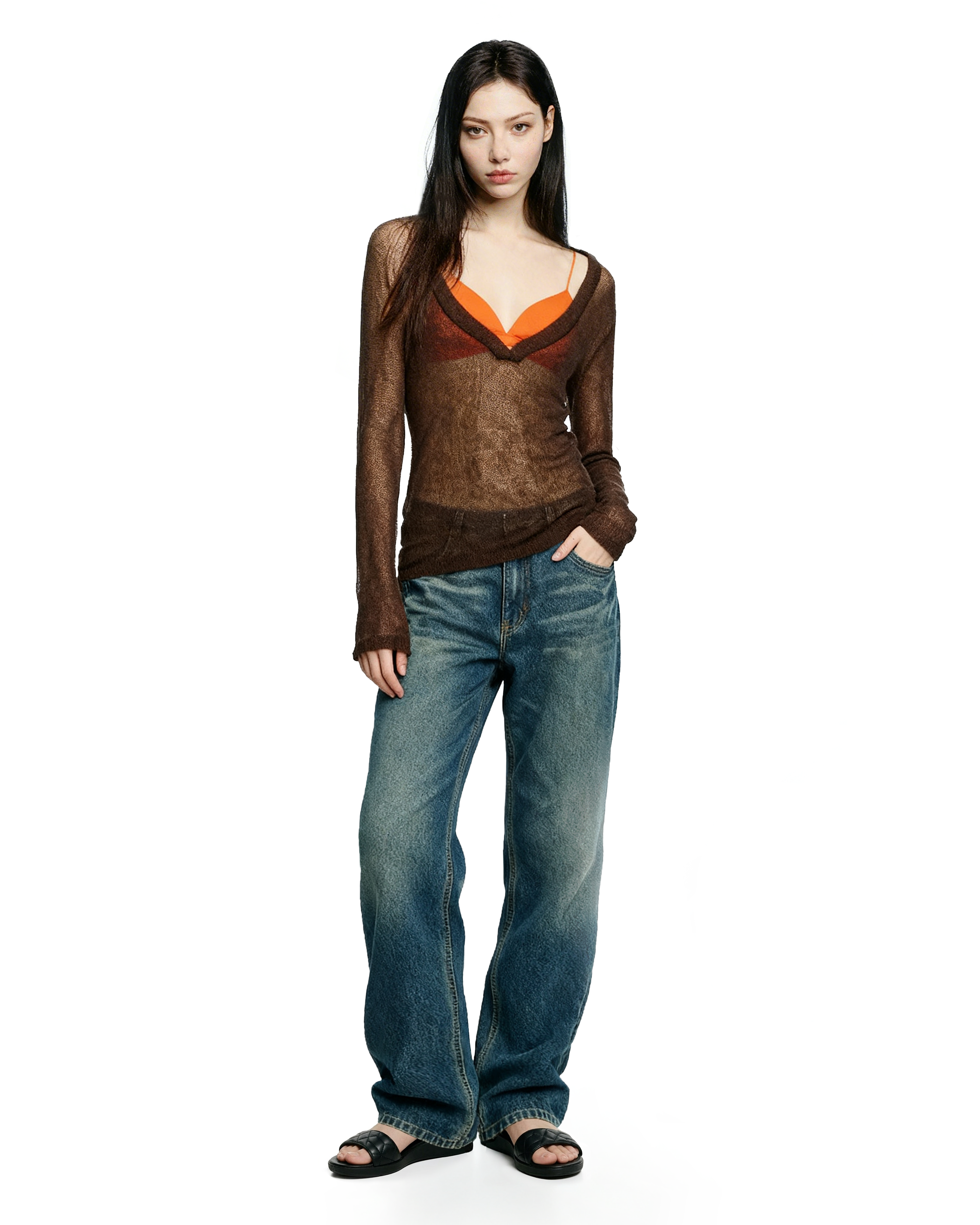 Sheer Knit Deep V-Neck Long Sleeve Top-10