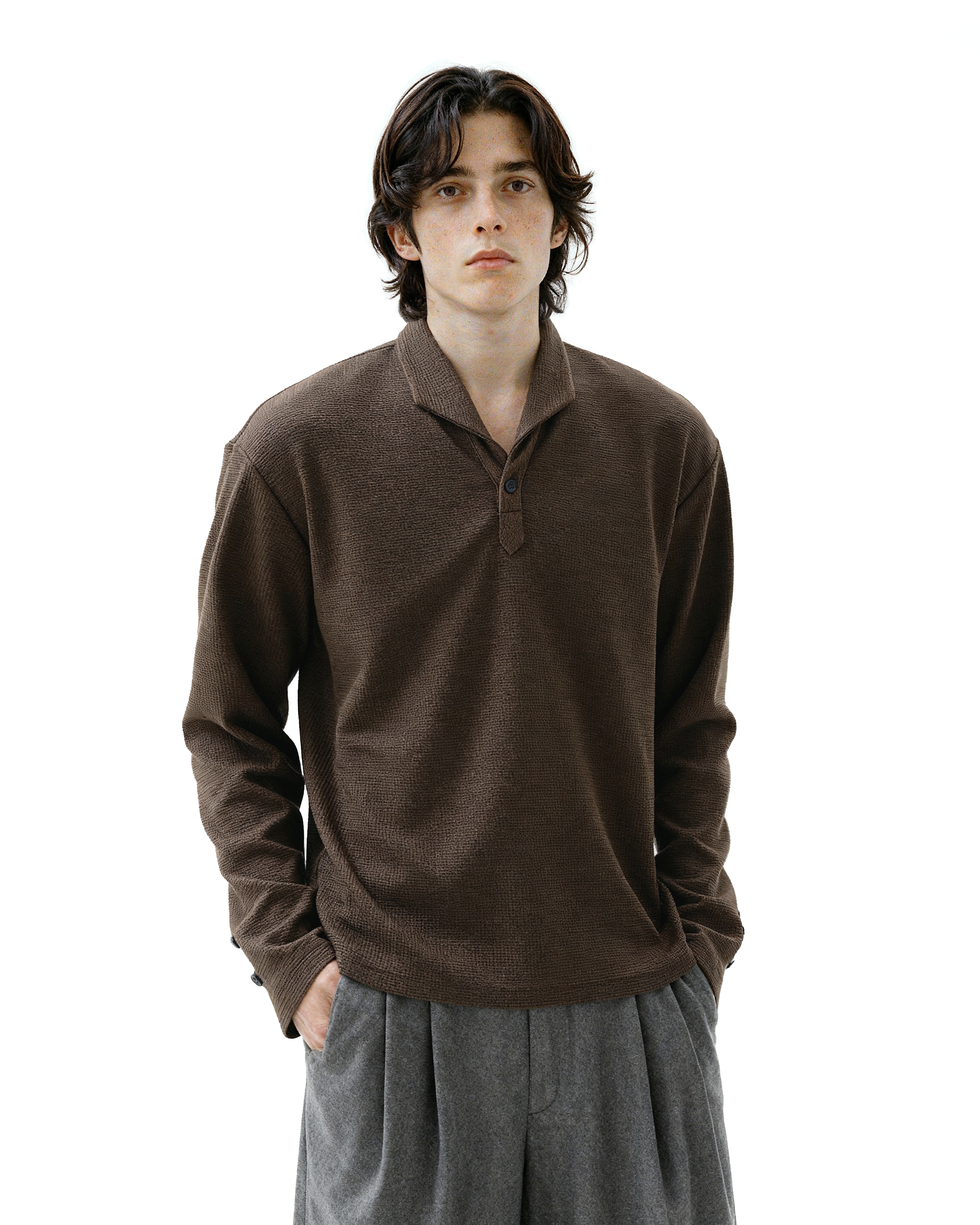 Waffle Knit Half-Button Long Sleeve Polo Top - nightcity clothing
