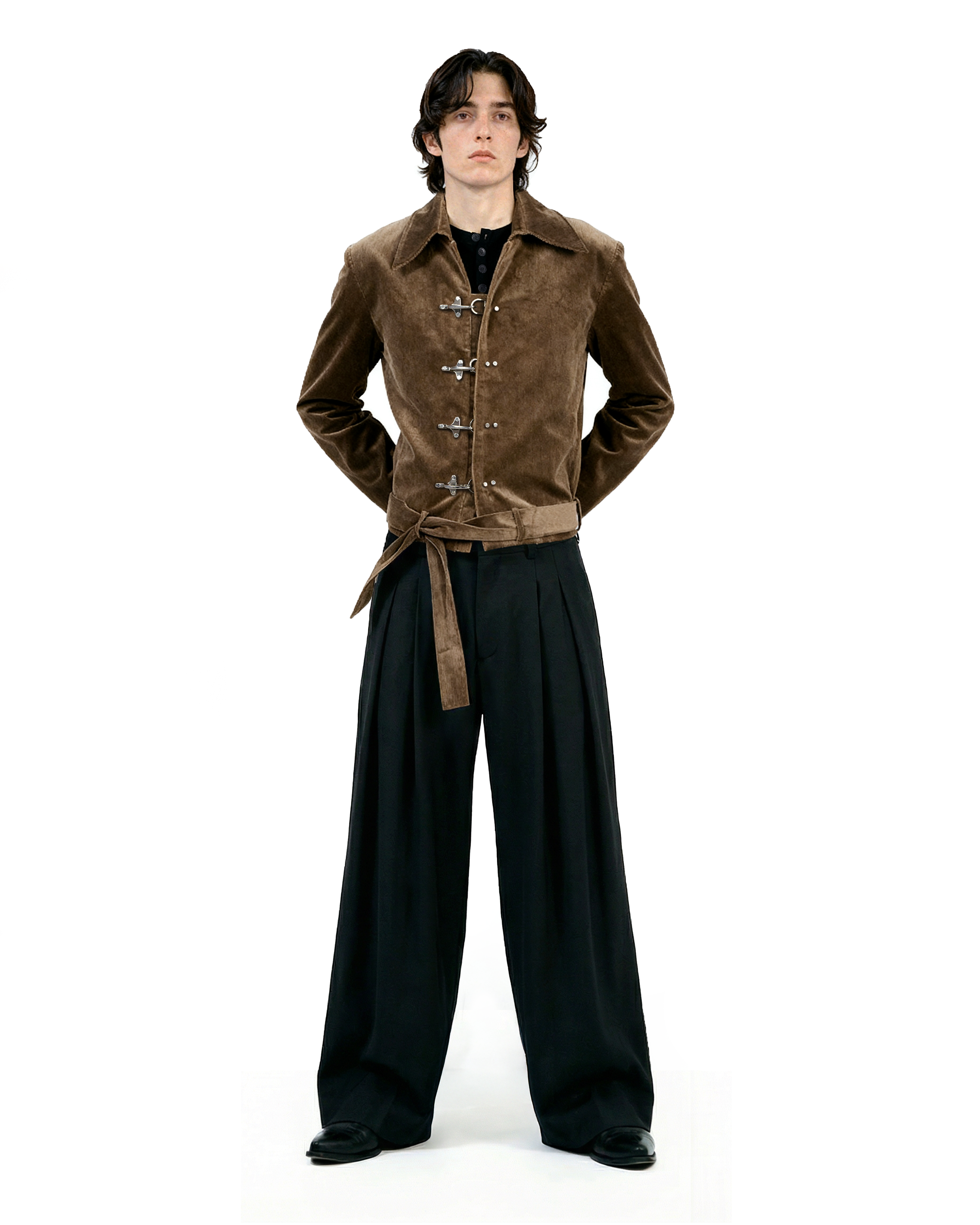 Fireman Clasp Mid-Crop Corduroy Jacket with Belted Waist - nightcity clothing