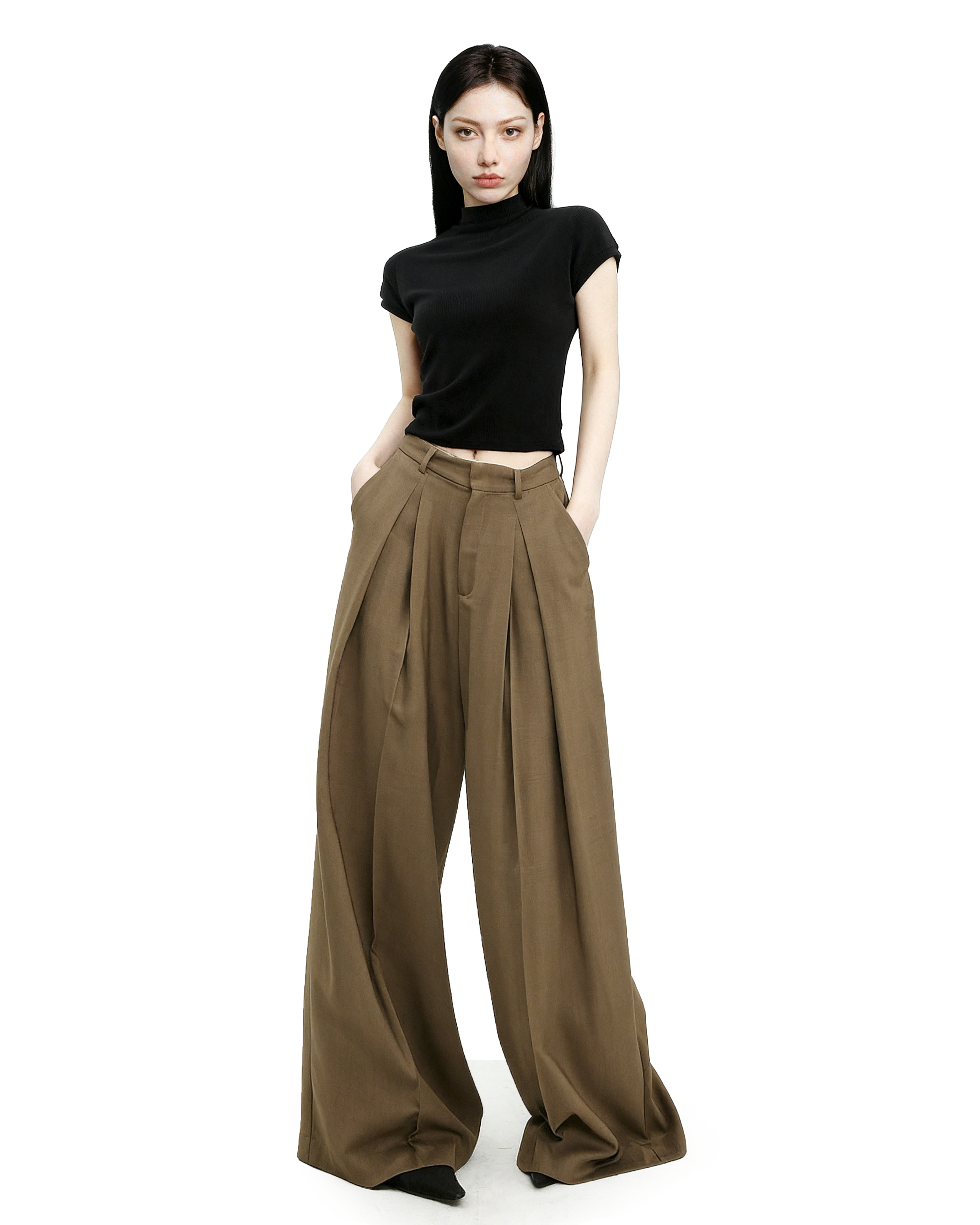 Wide Leg Criss-Cross Pleated Palazzo Trousers-4