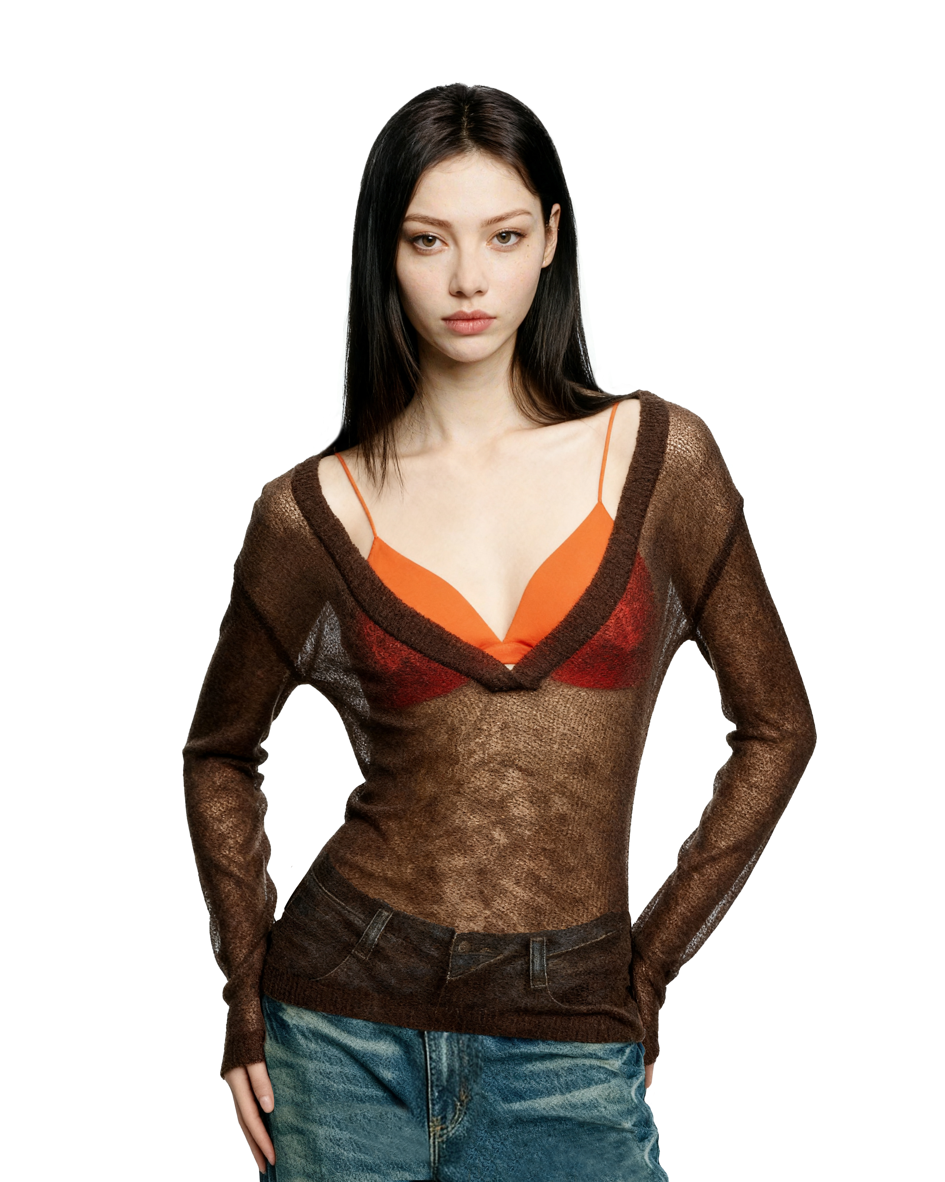Sheer Knit Deep V-Neck Long Sleeve Top-6