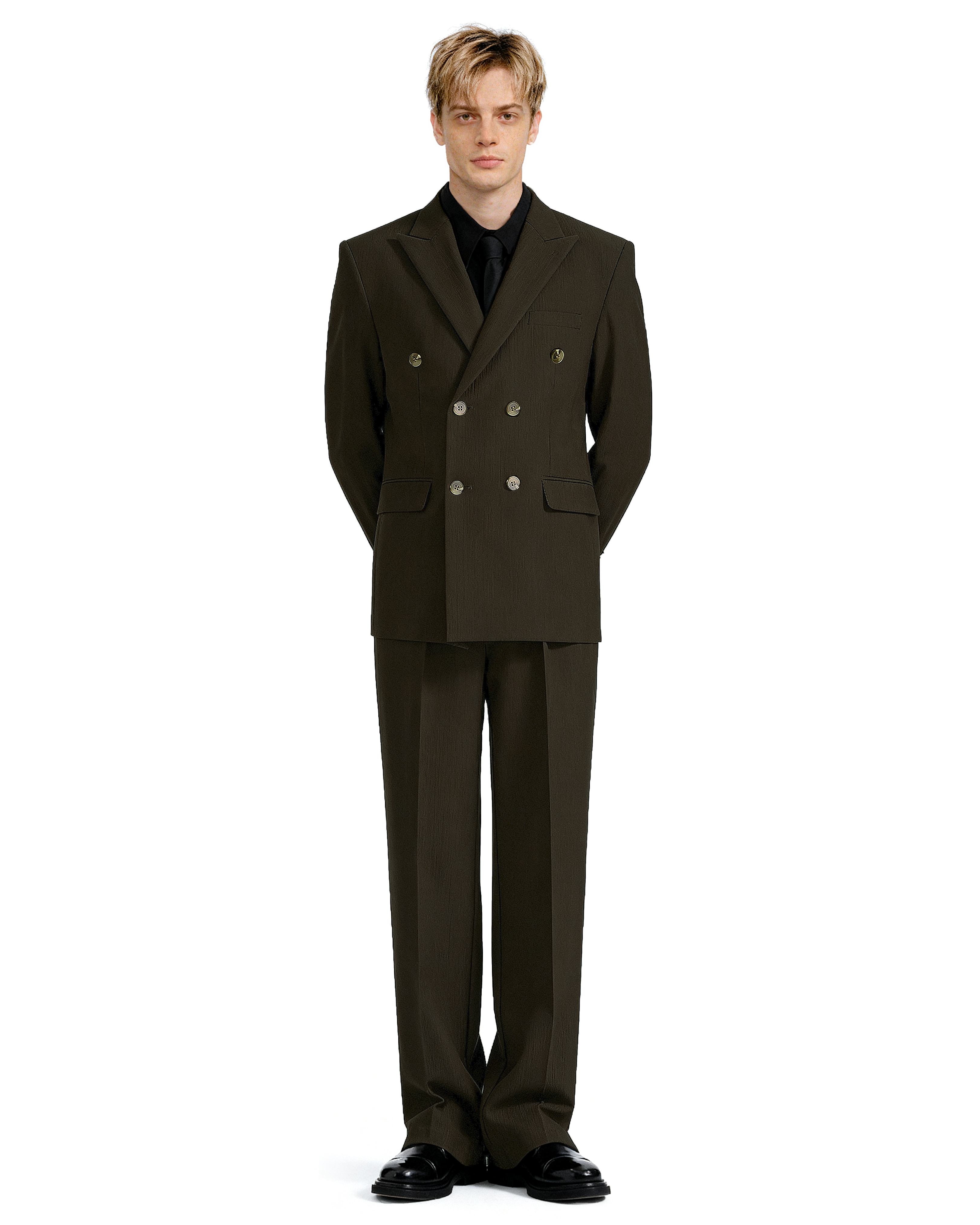 Double-Breasted Oversized Textured Blazer with Peak Lapel-10