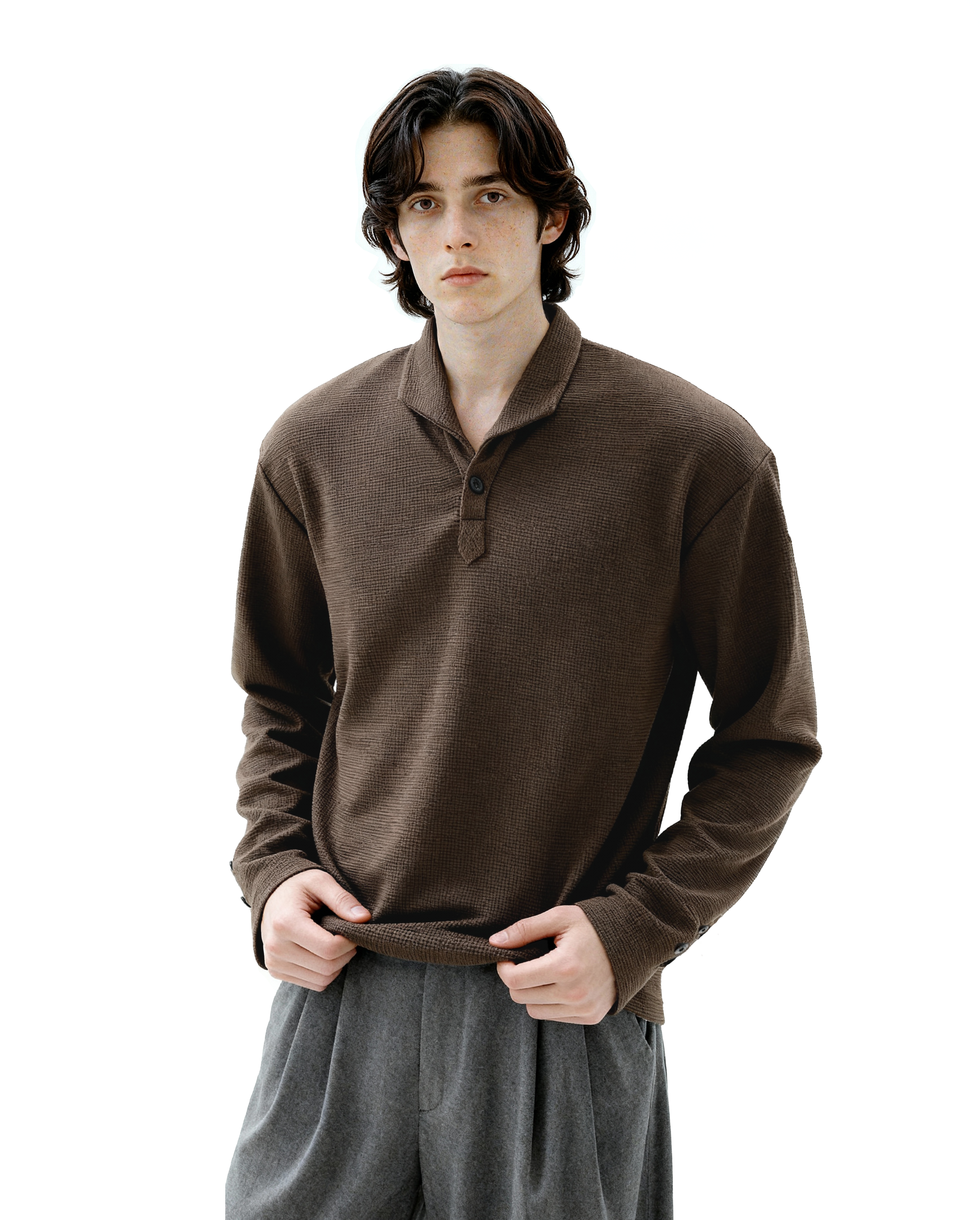 Waffle Knit Half-Button Long Sleeve Polo Top - nightcity clothing