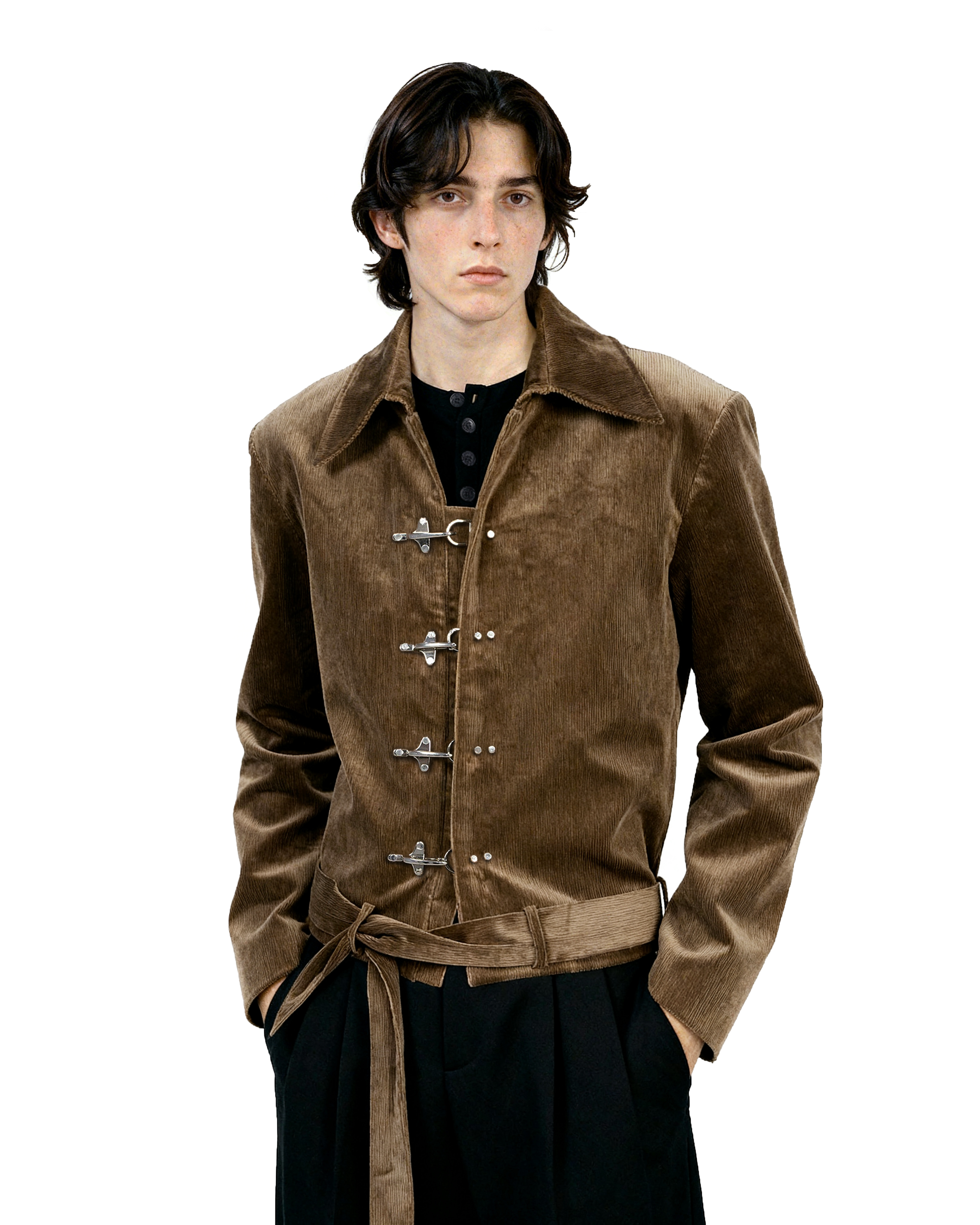 Fireman Clasp Mid-Crop Corduroy Jacket with Belted Waist - nightcity clothing