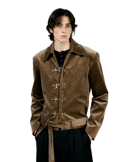 Fireman Clasp Mid-Crop Corduroy Jacket with Belted Waist - nightcity clothing